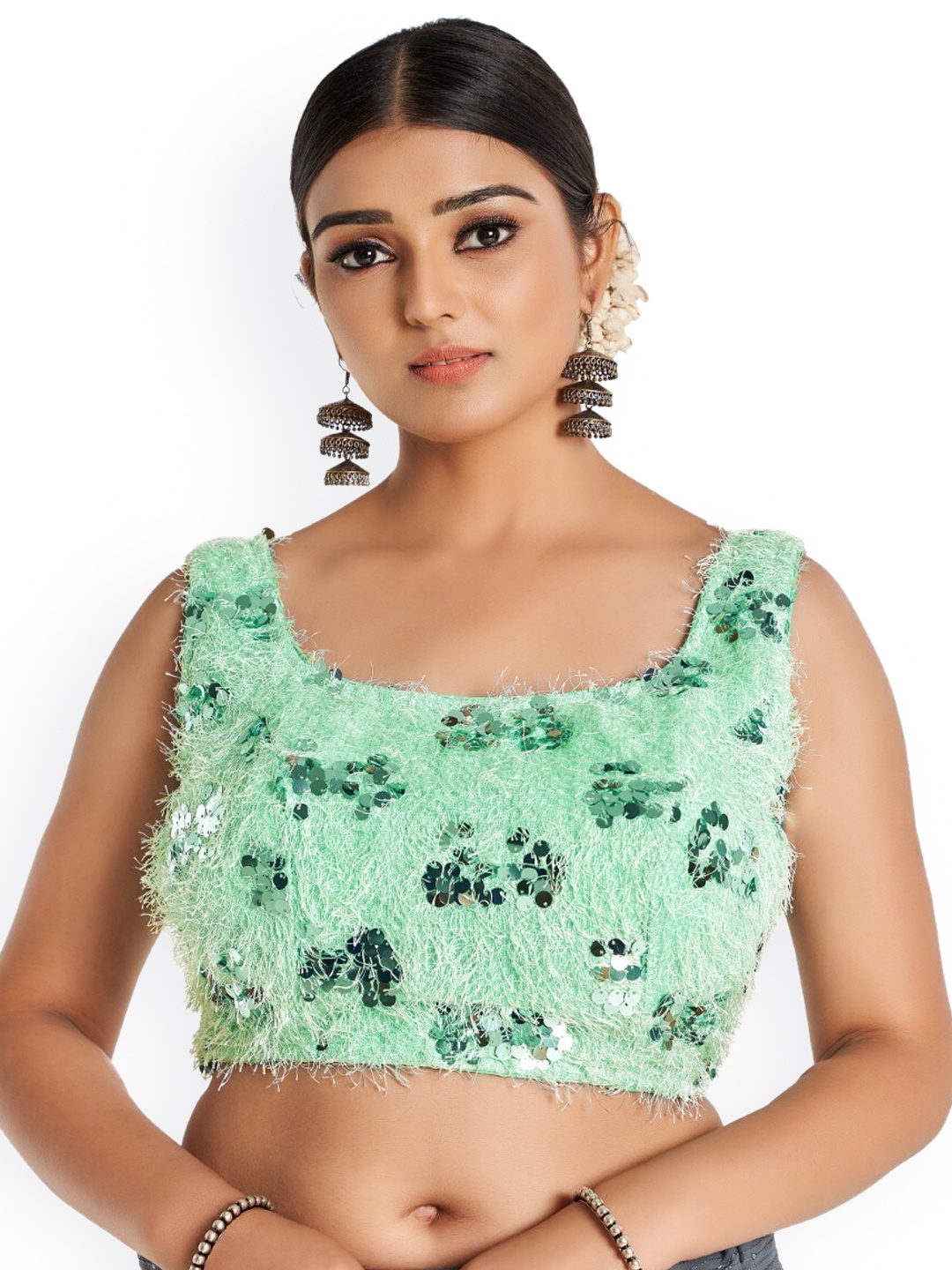 

HIMRISE Embellished Cotton Saree Blouse, Green