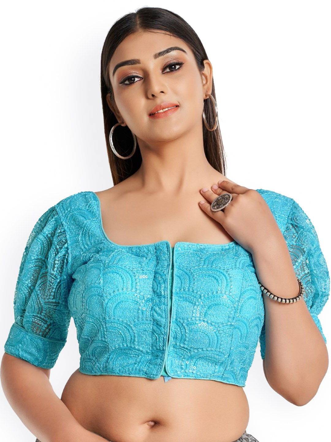

HIMRISE Embroidered Cotton Saree Blouse, Blue