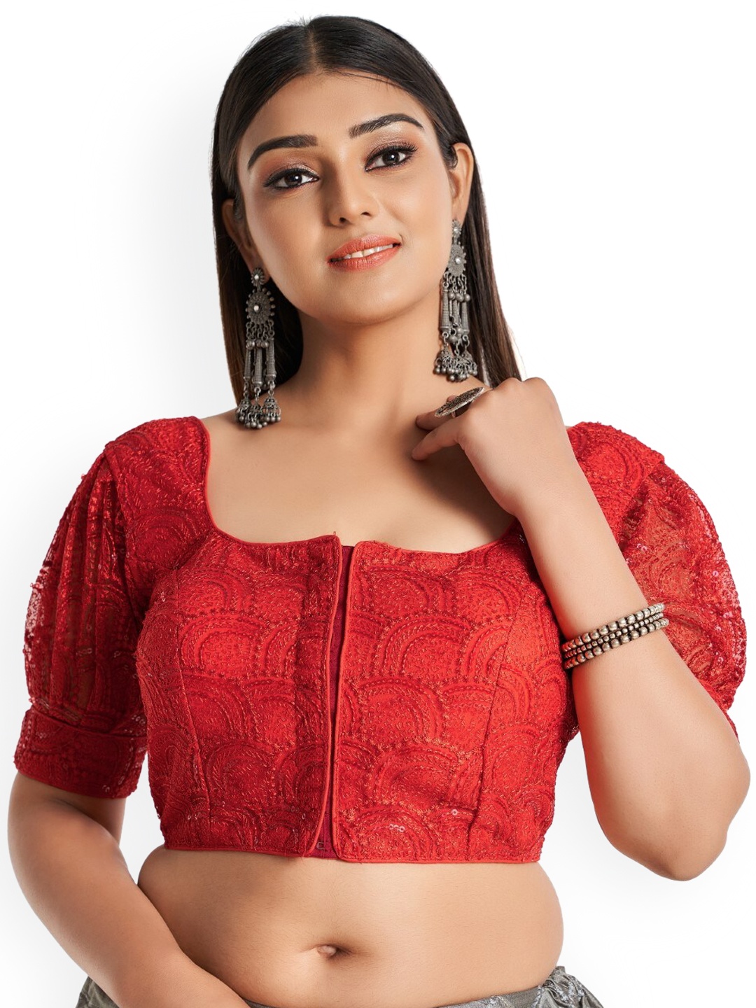 

HIMRISE Embroidered Cotton Saree Blouse, Red