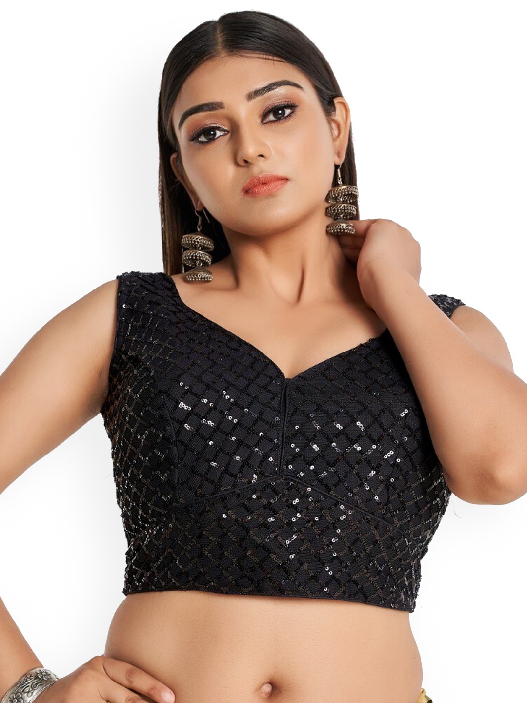 

HIMRISE Embellished Cotton Saree Blouse, Black