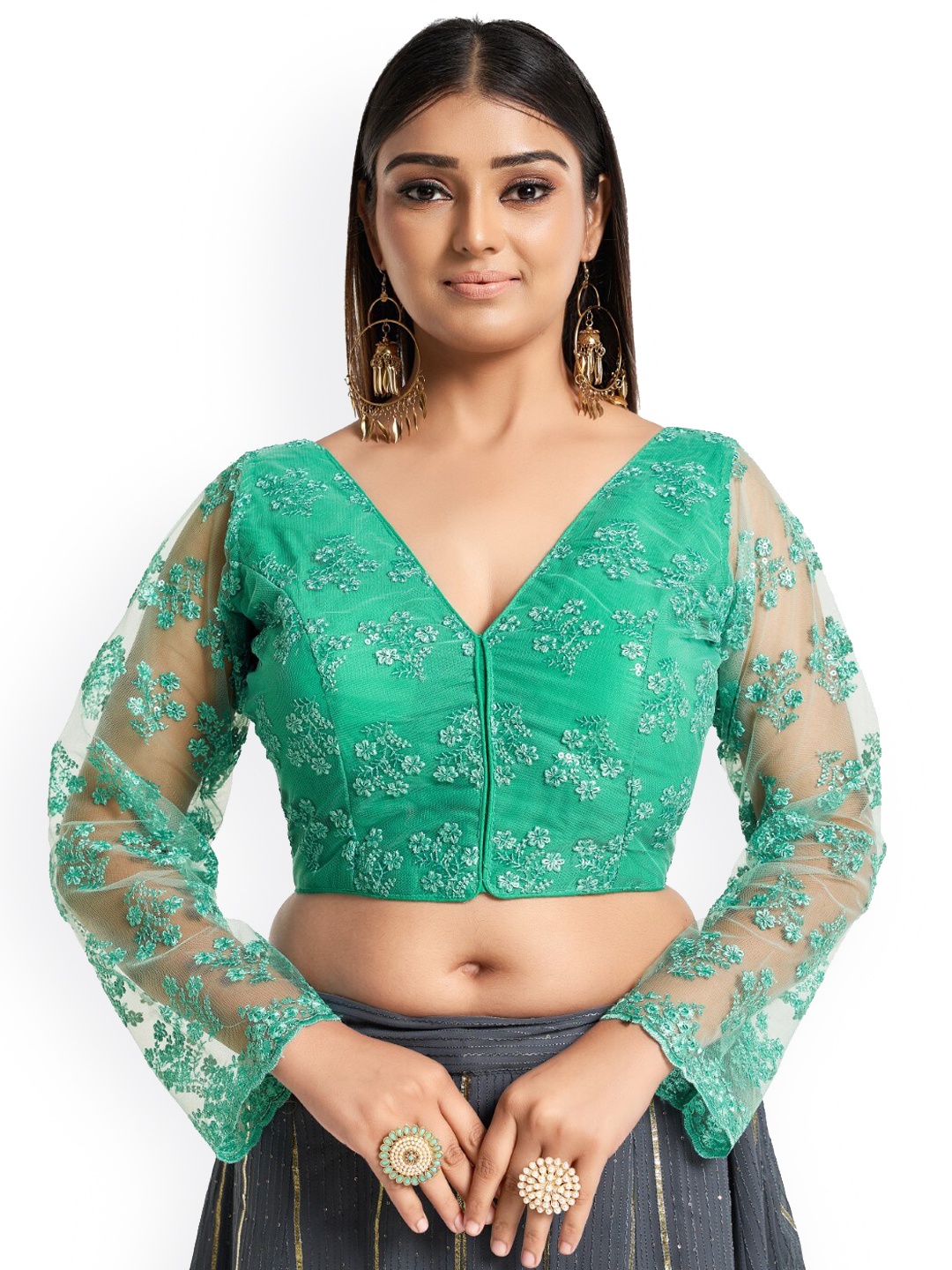 

HIMRISE Embroidered Cotton V-Neck Long Sleeve Saree Blouse, Green