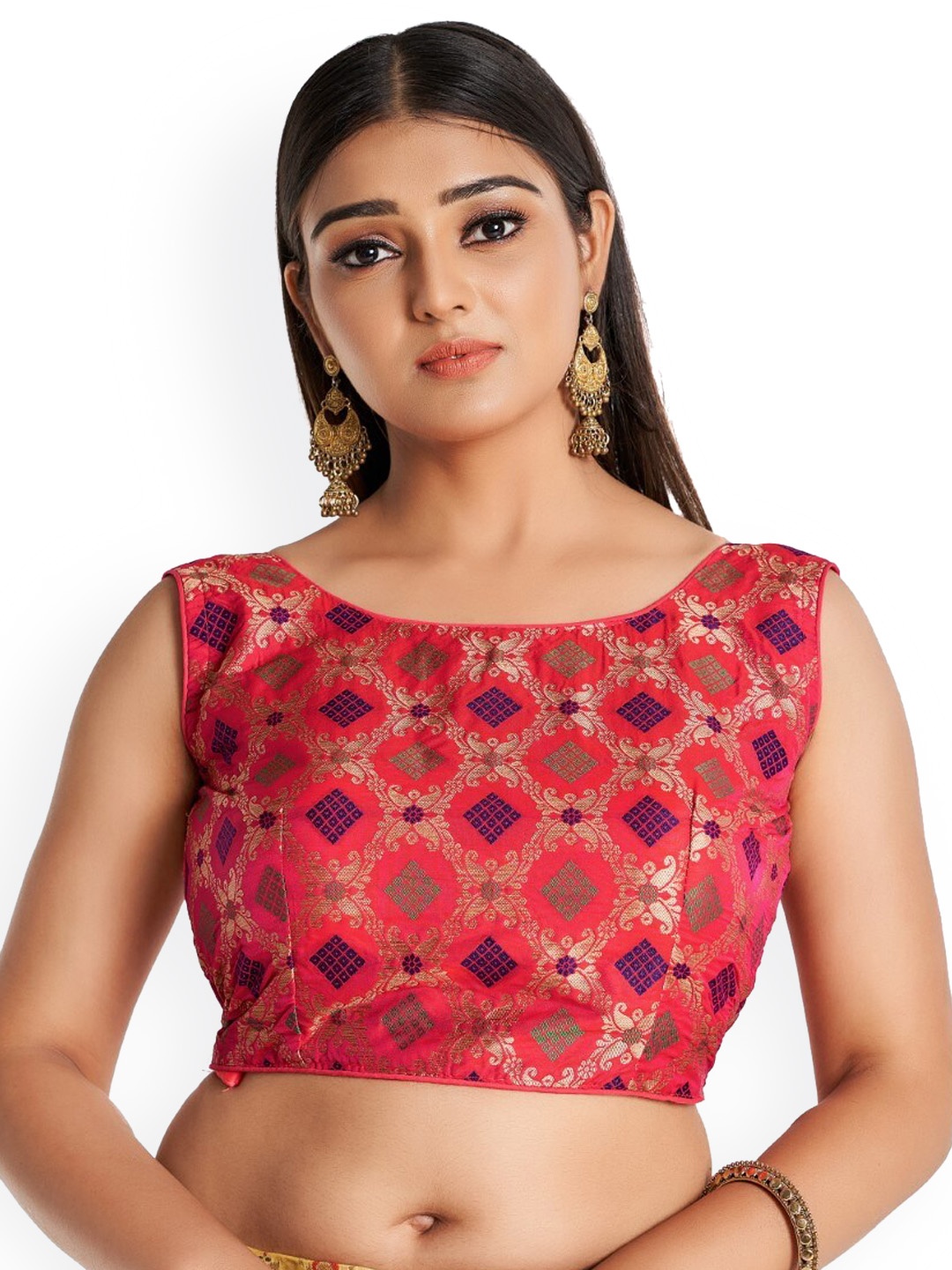 

HIMRISE Woven-Design Cotton Round Neck Sleeveless Saree Blouse, Red