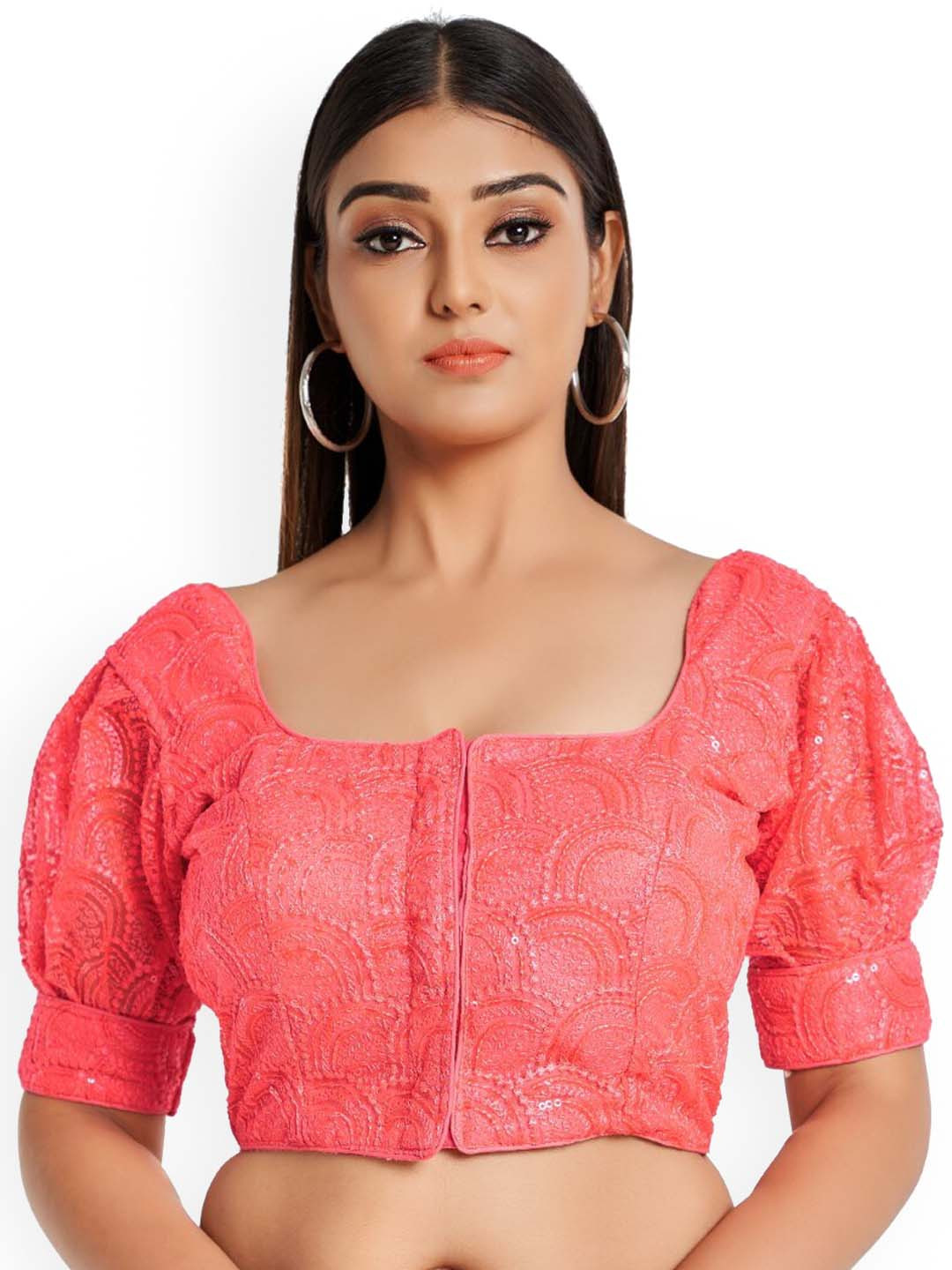 

HIMRISE Embroidered Cotton Saree Blouse, Coral