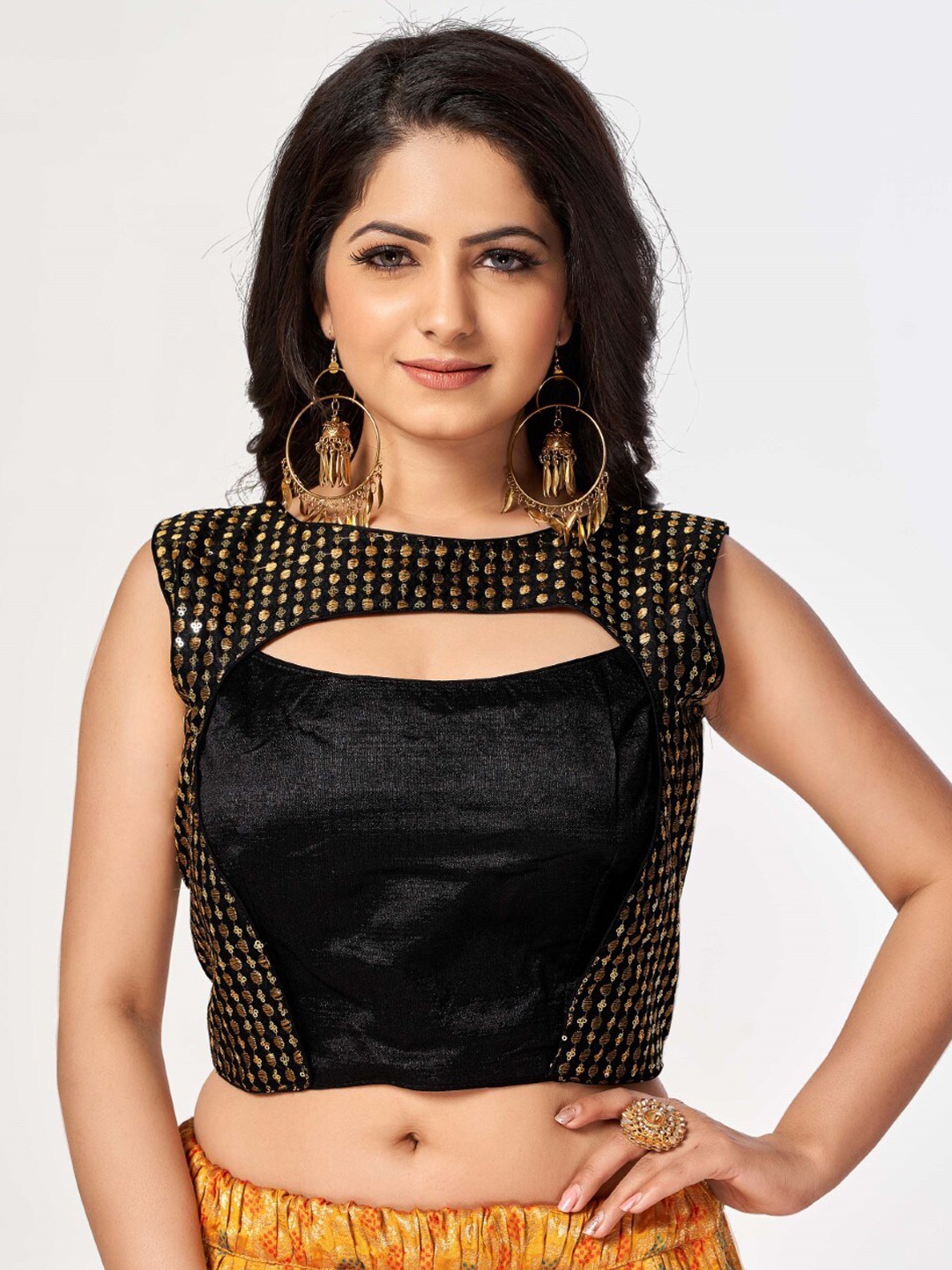 

HIMRISE Embellished Boat-Neck Sleeveless Cotton Saree Blouse, Black