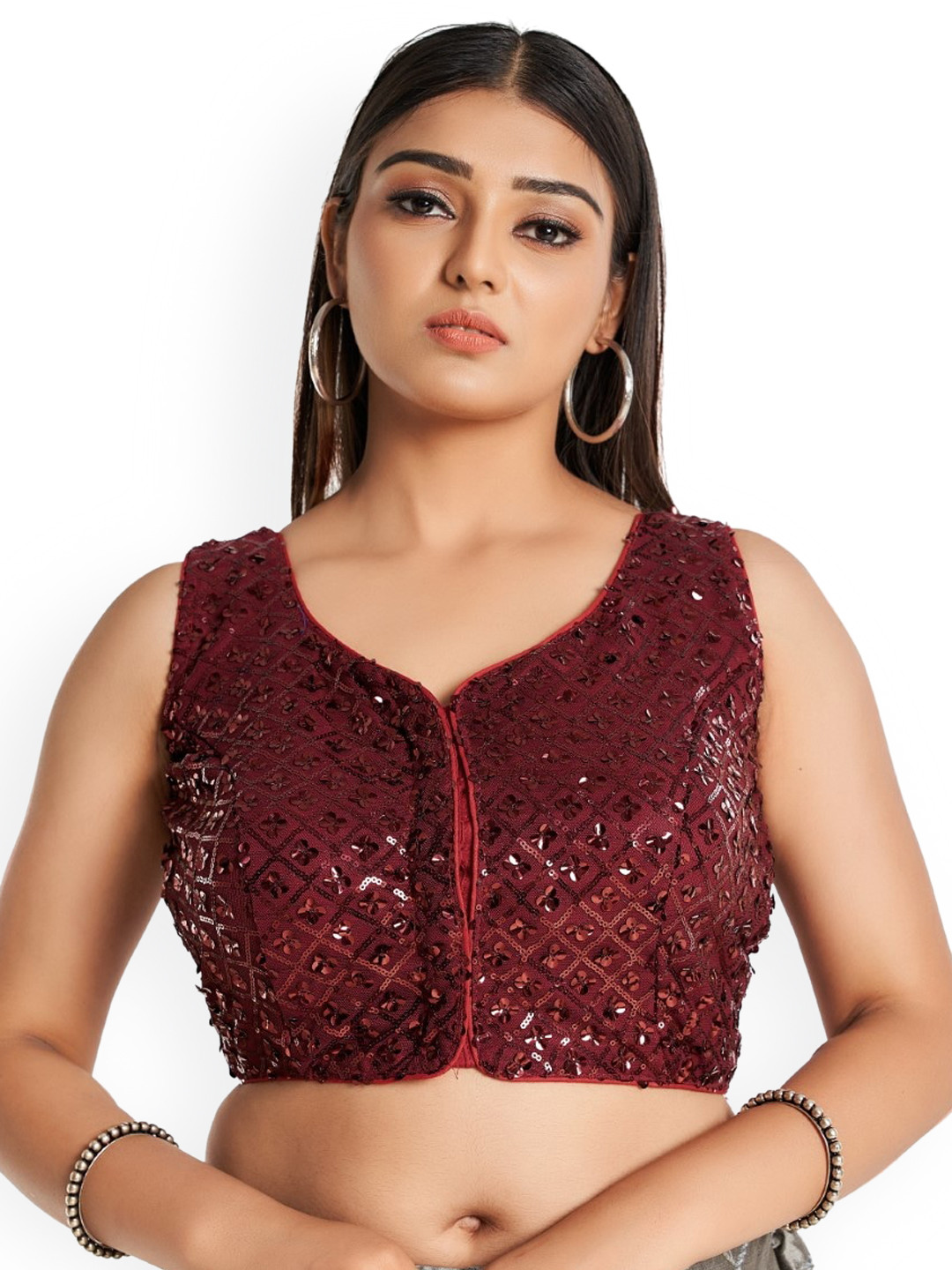 

HIMRISE Plus Size Embellished Cotton Saree Blouse, Maroon