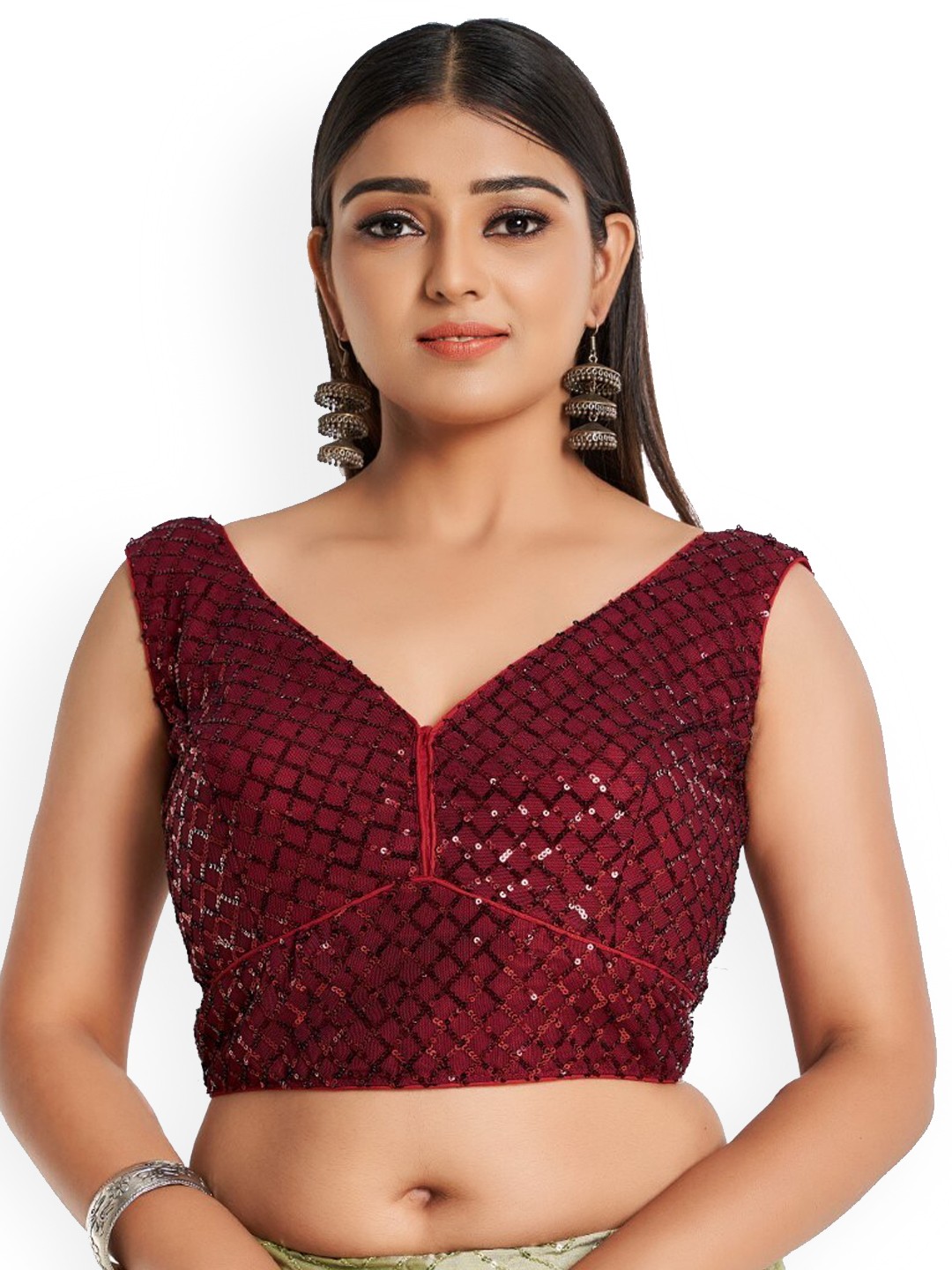

HIMRISE Plus Size Embellished V-Neck Sleeveless Cotton Blouse, Maroon