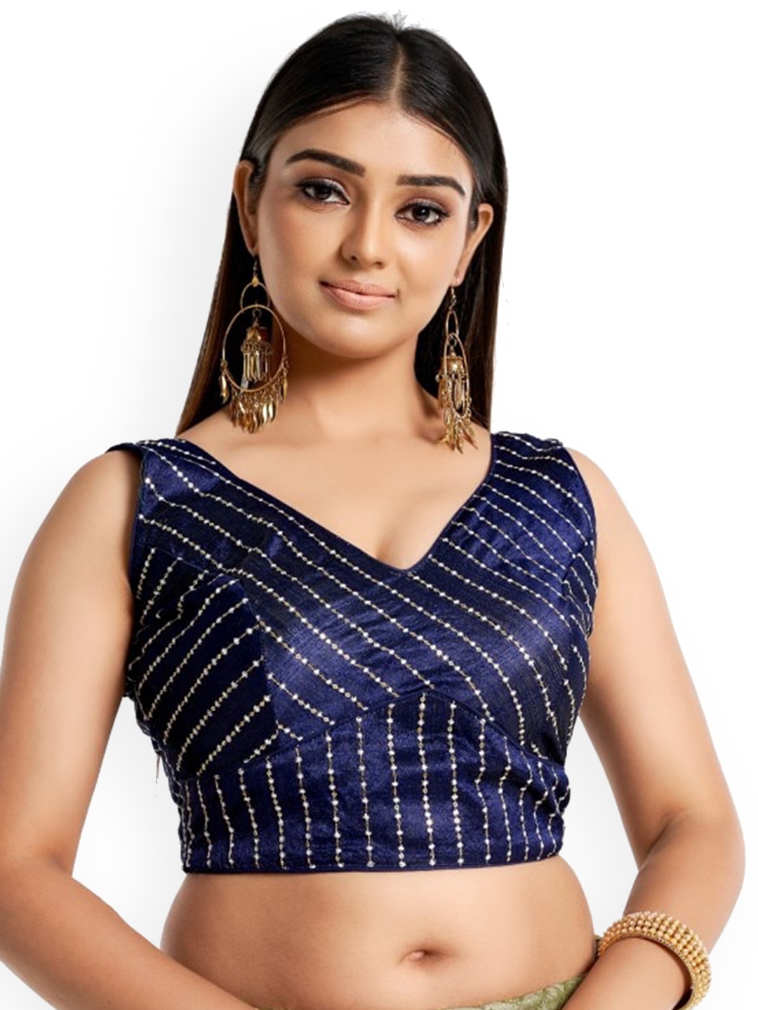 

HIMRISE Plus Size Embroidered Cotton Saree Blouse-, Blue
