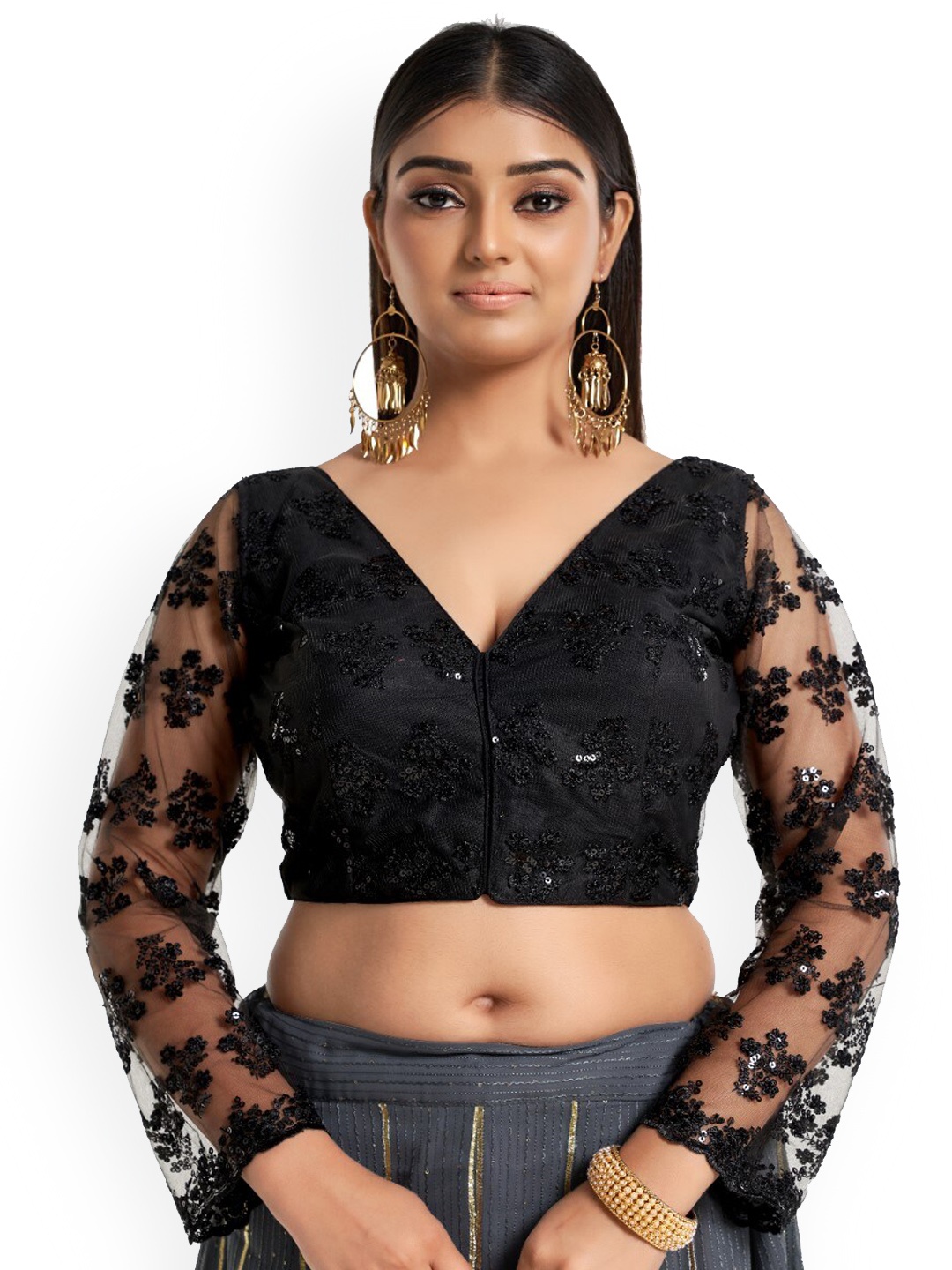 

HIMRISE Plus Size Embroidered Cotton Saree Blouse, Black