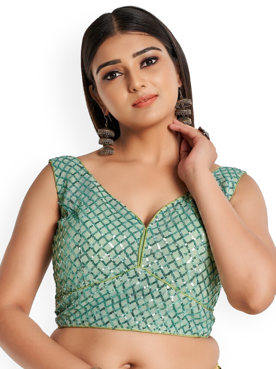 

HIMRISE Plus Size Sleeveless Embellished Cotton Saree Blouse, Green