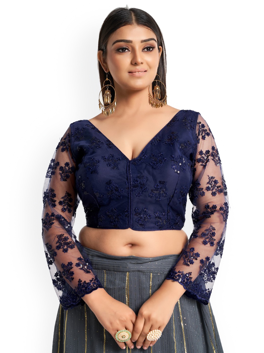 

HIMRISE Plus Size Embriodered Cotton Saree Blouse, Blue