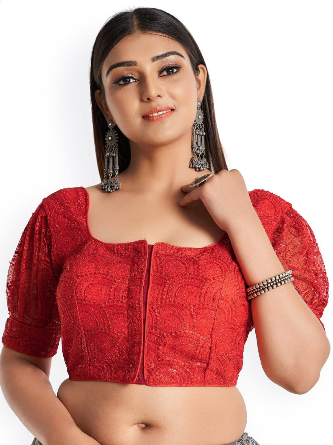 

HIMRISE Plus Size Embroidered Cotton Saree Blouse, Red