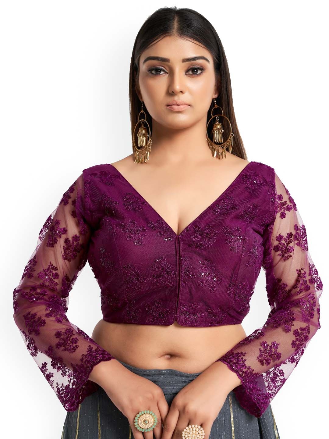 

HIMRISE Plus Size Embriodered V-Neck Long Sleeves Cotton Saree Blouse, Purple