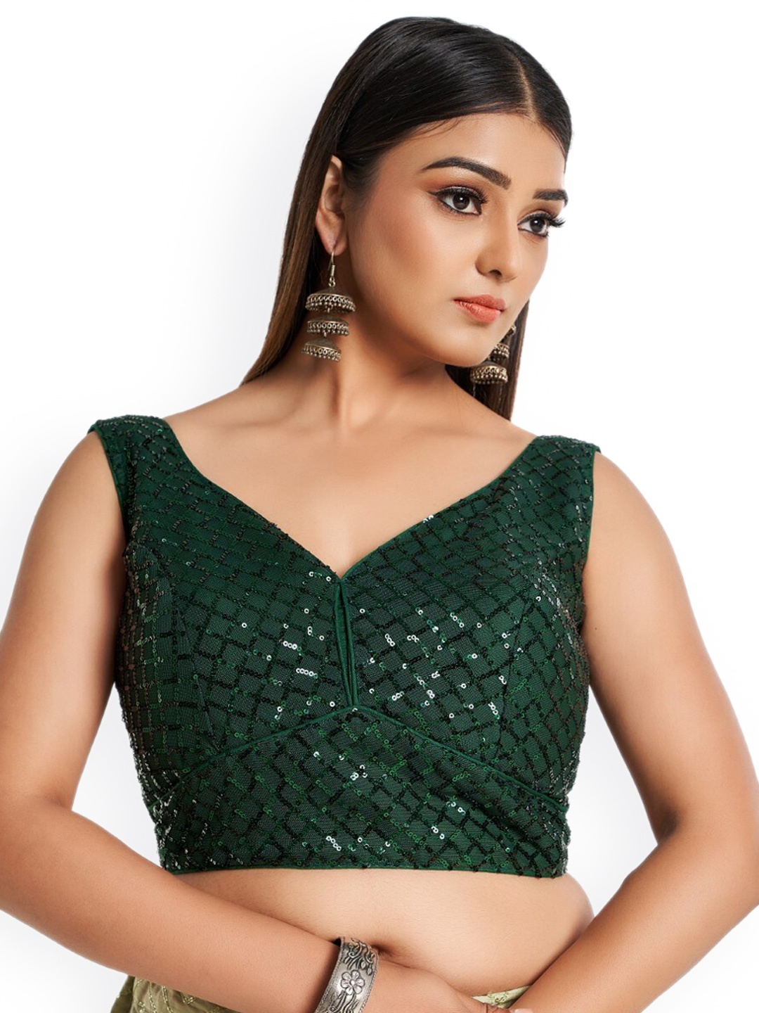 

HIMRISE Plus Size Embellished Cotton Saree Blouse, Green