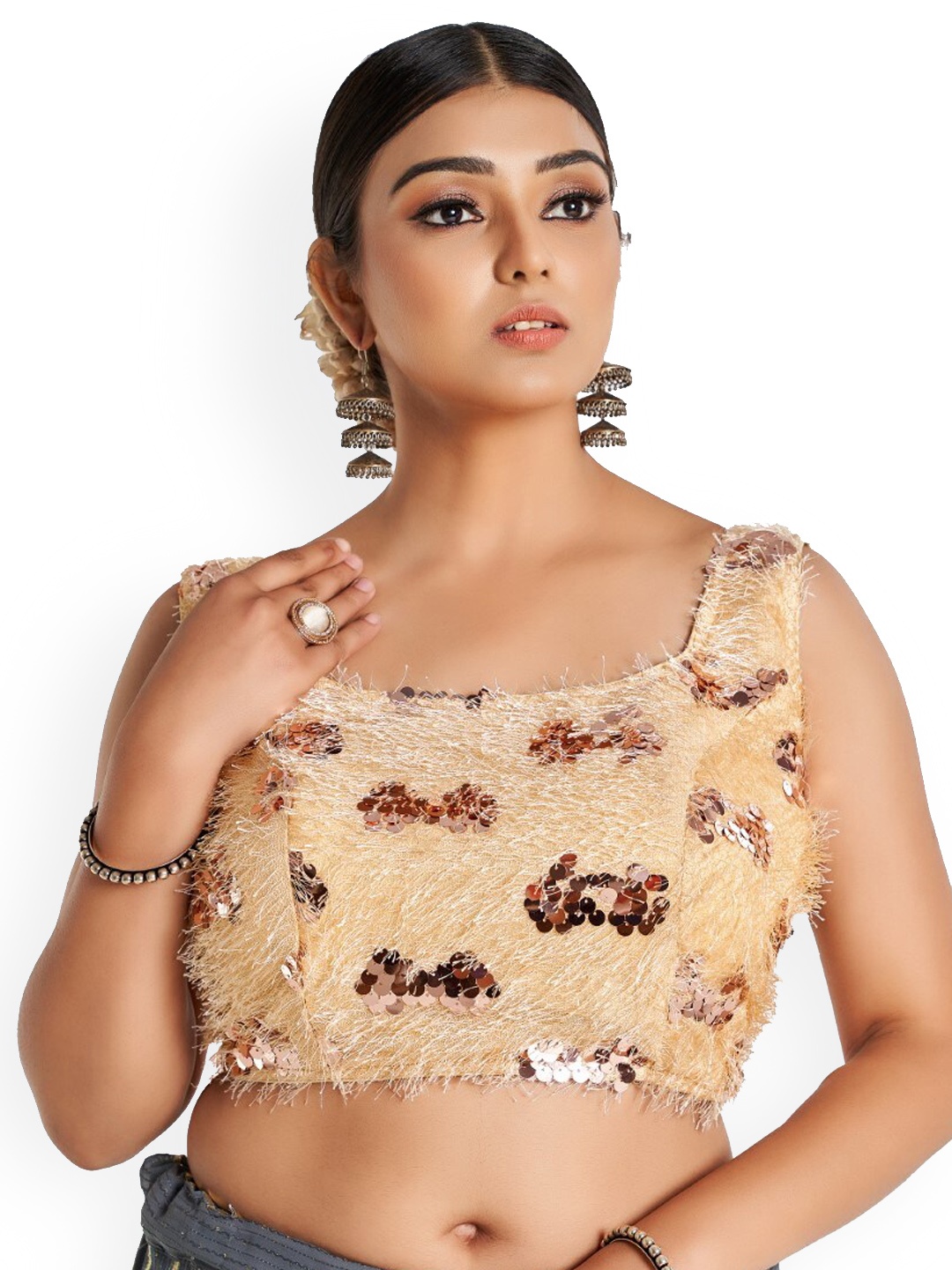 

HIMRISE Plus Size Embellished Cotton Saree Blouse, Gold