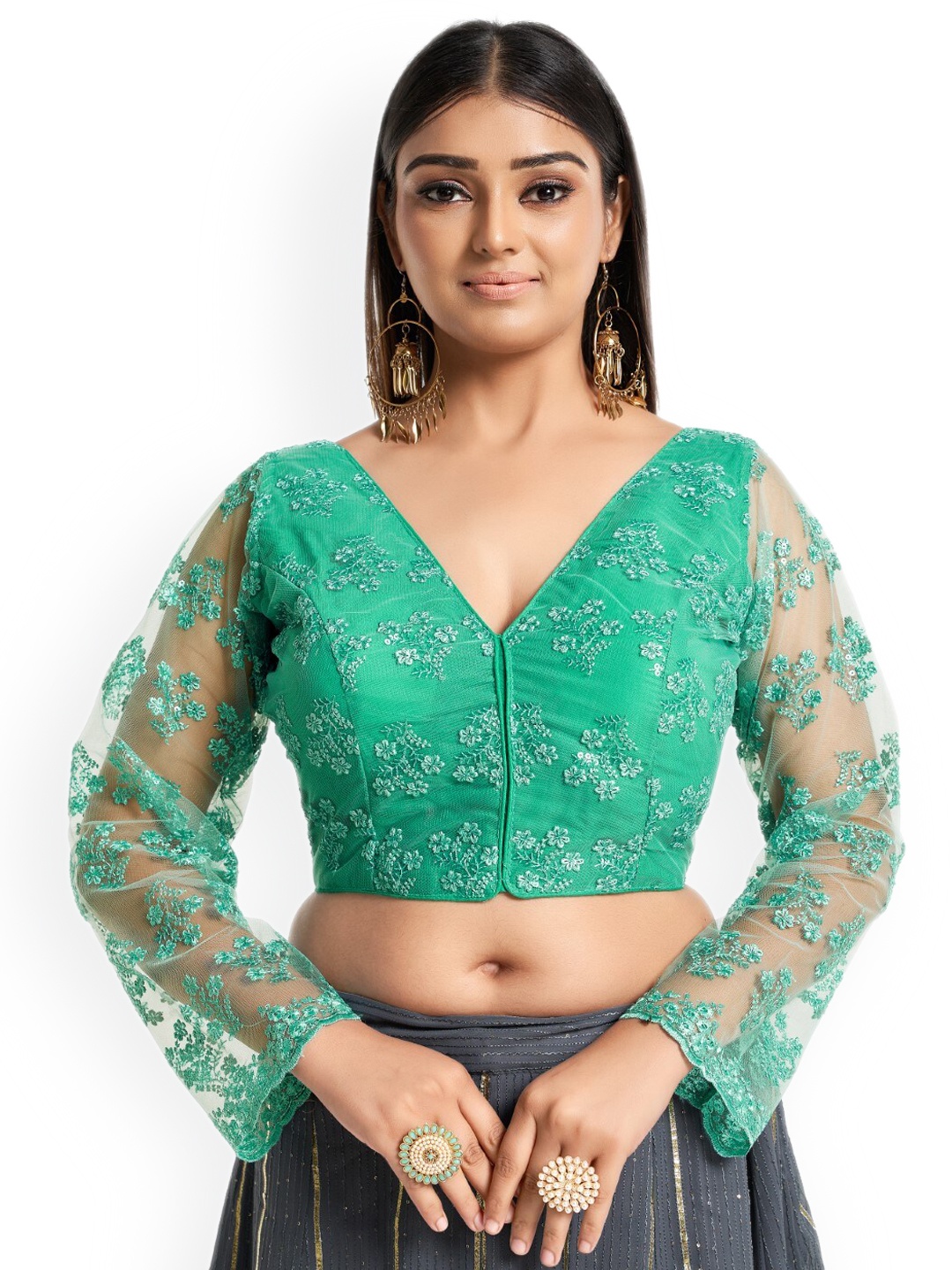

HIMRISE Embroidered Cotton Saree Blouse, Green