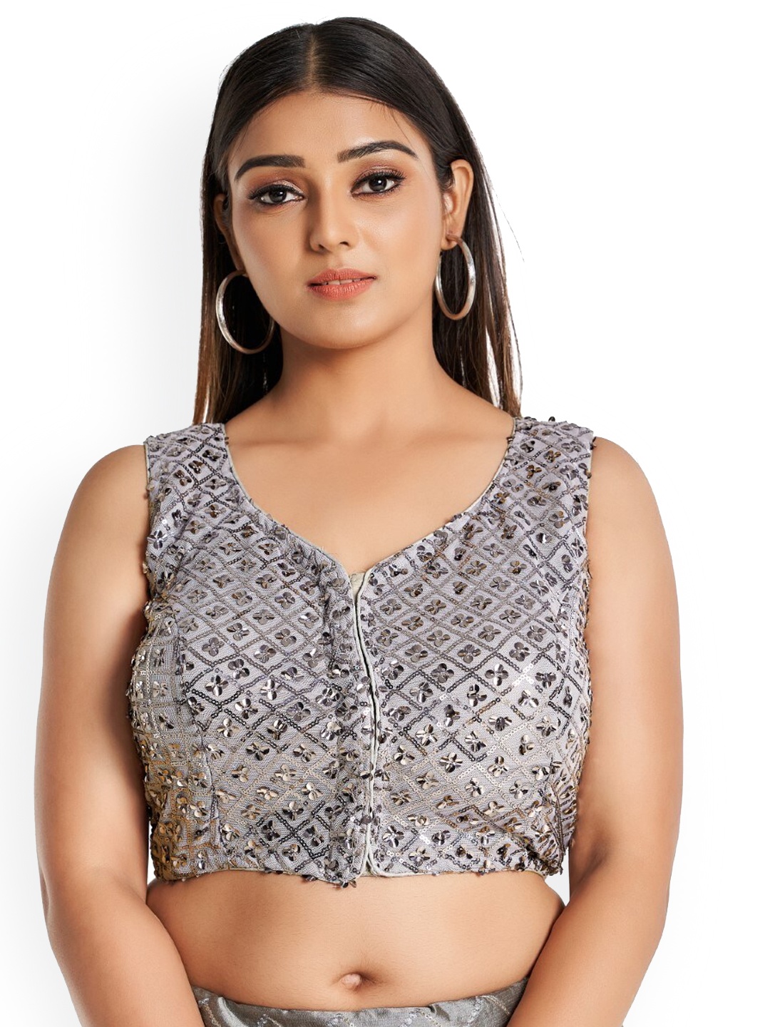 

HIMRISE Plus Size Embellished Sleeveless Cotton Saree Blouse, Grey