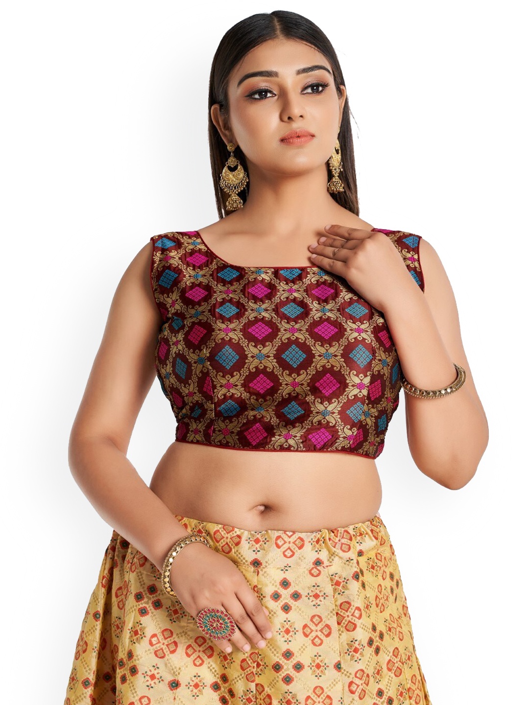 

HIMRISE Plus Size Woven-Design Cotton Saree Blouse, Maroon