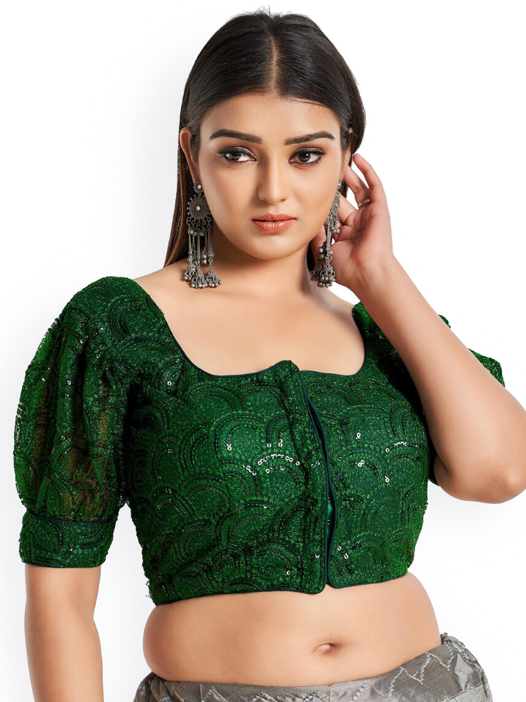

HIMRISE Plus Size Sequin Embroidered Cotton Saree Blouse, Green