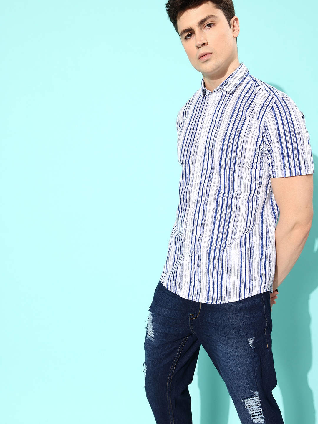 

Mast & Harbour Men Pure Cotton Striped Casual Shirt, White