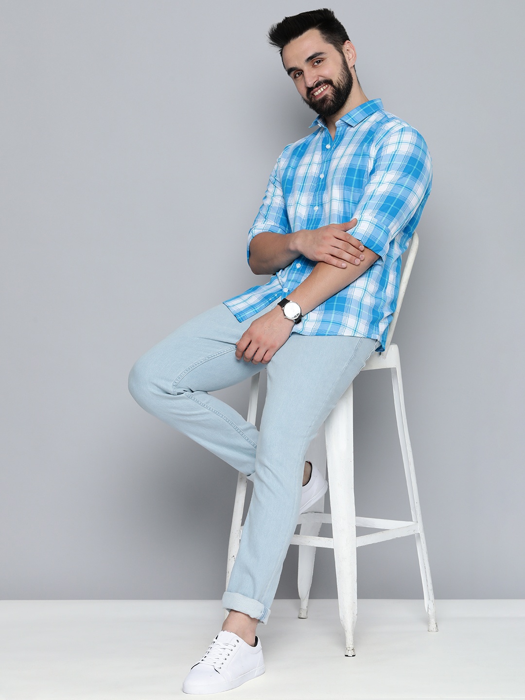 

Mast & Harbour Checked Pure Cotton Casual Shirt, Blue