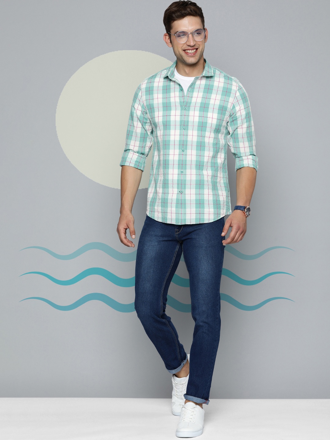 

Mast & Harbour Spread Collar Checked Pure Cotton Casual Shirt, Sea green