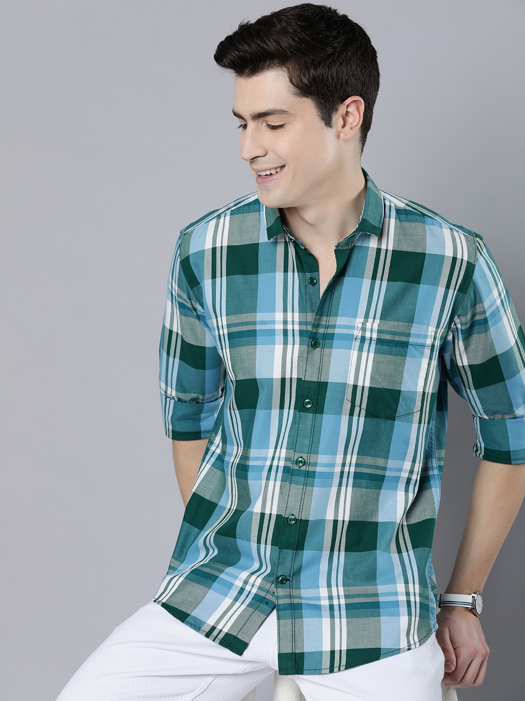 

Mast & Harbour Men Pure Cotton Checked Casual Shirt, Green