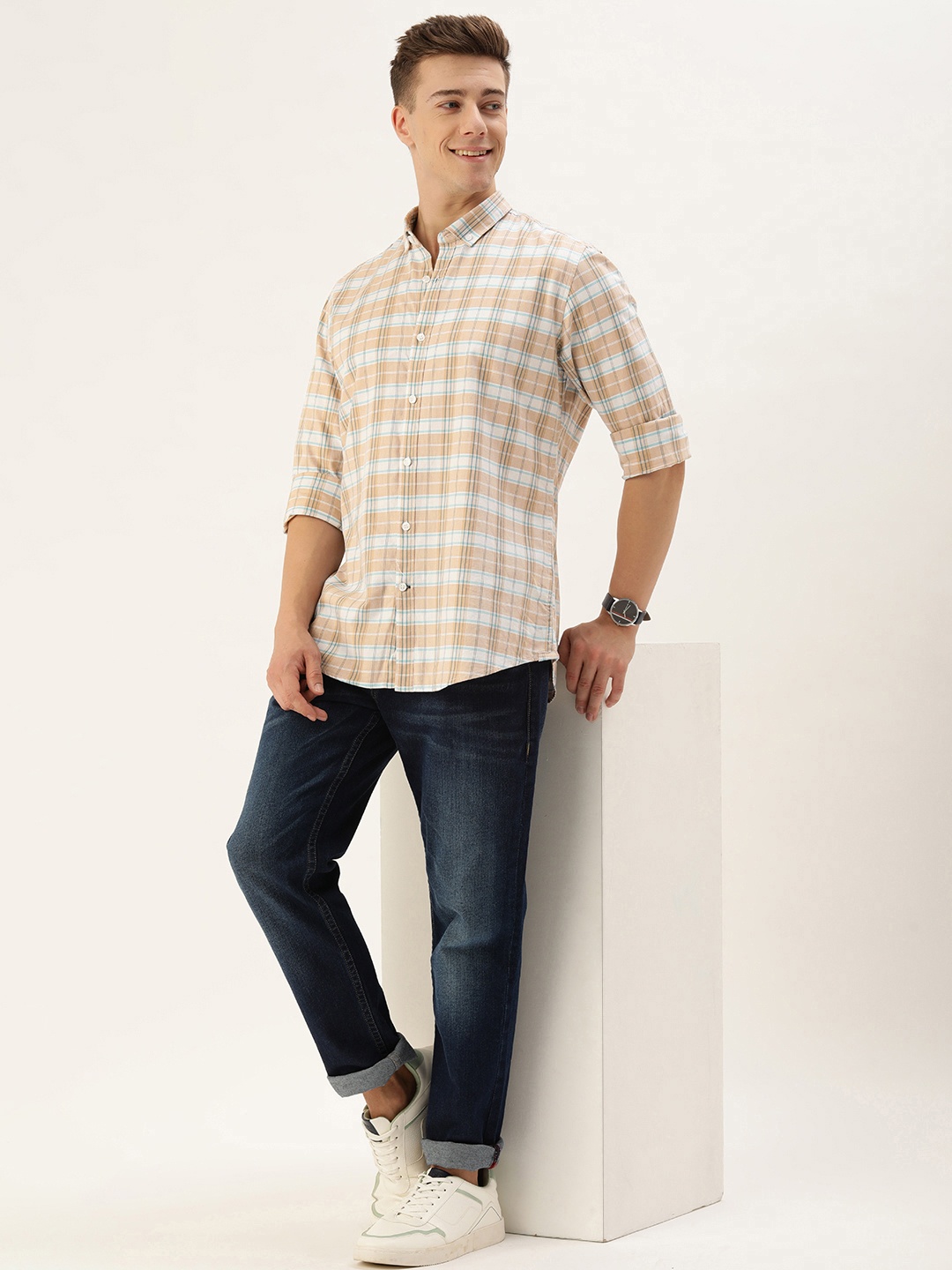 

Mast & Harbour Pure Cotton Full Sleeves Button-Down Collar Checked Casual Shirt, Beige