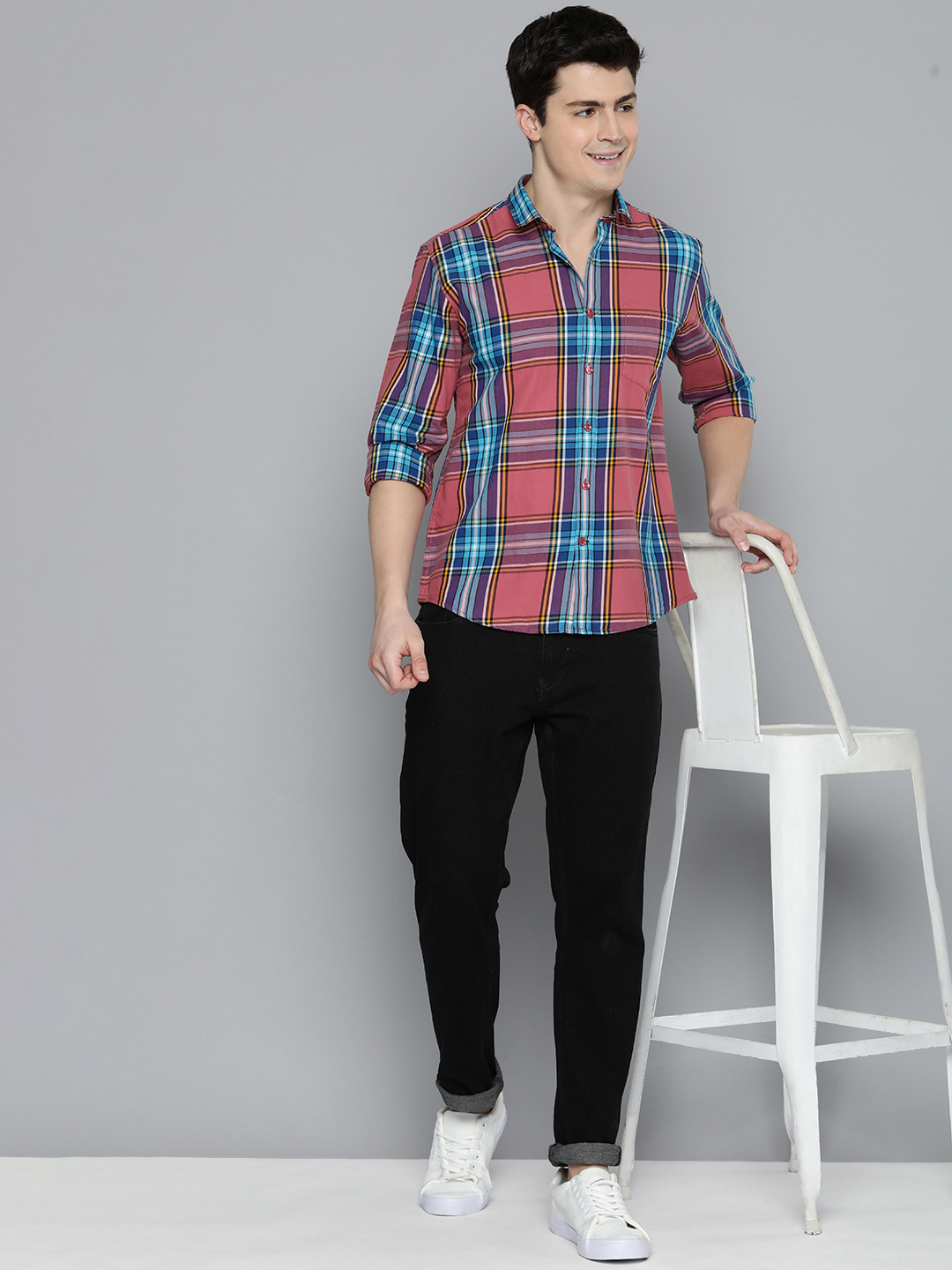 

Mast & Harbour Slim Fit Tartan Checked Pure Cotton Casual Shirt, Coral