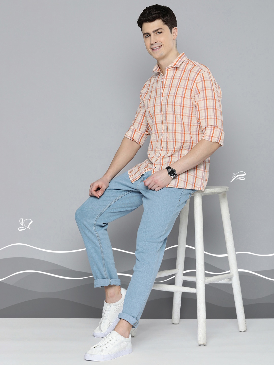 

Mast & Harbour Men Pure Cotton Checked Spread Collar Casual Shirt, Off white
