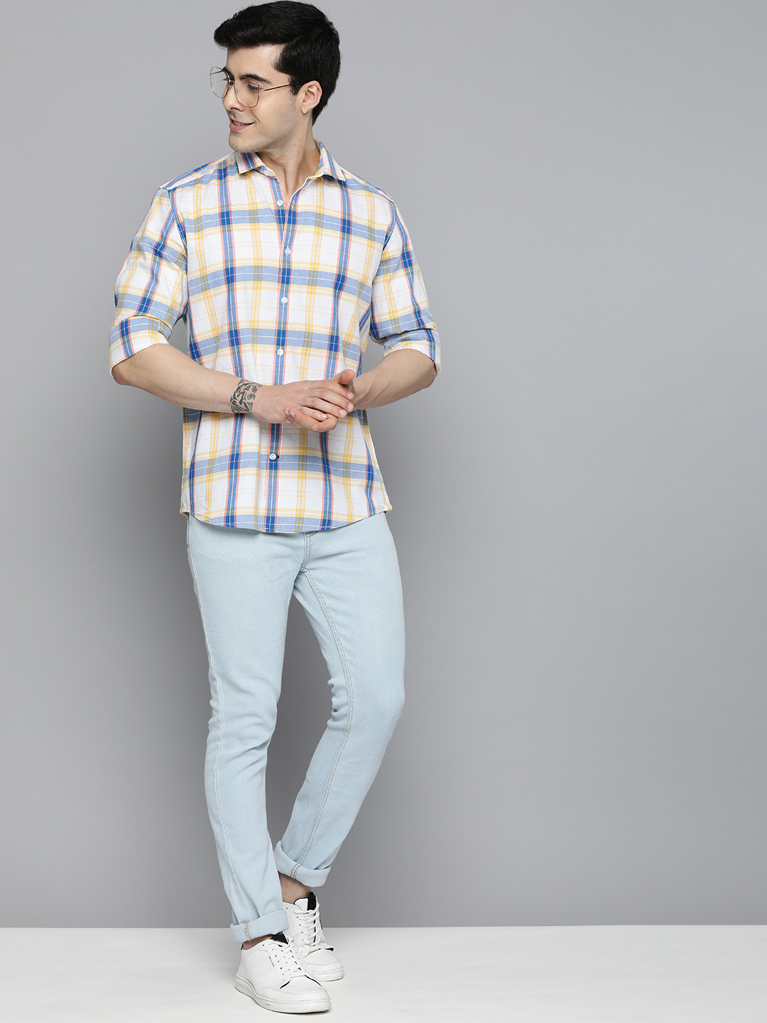 

Mast & Harbour Tartan Checked Pure Cotton Casual Shirt, Yellow