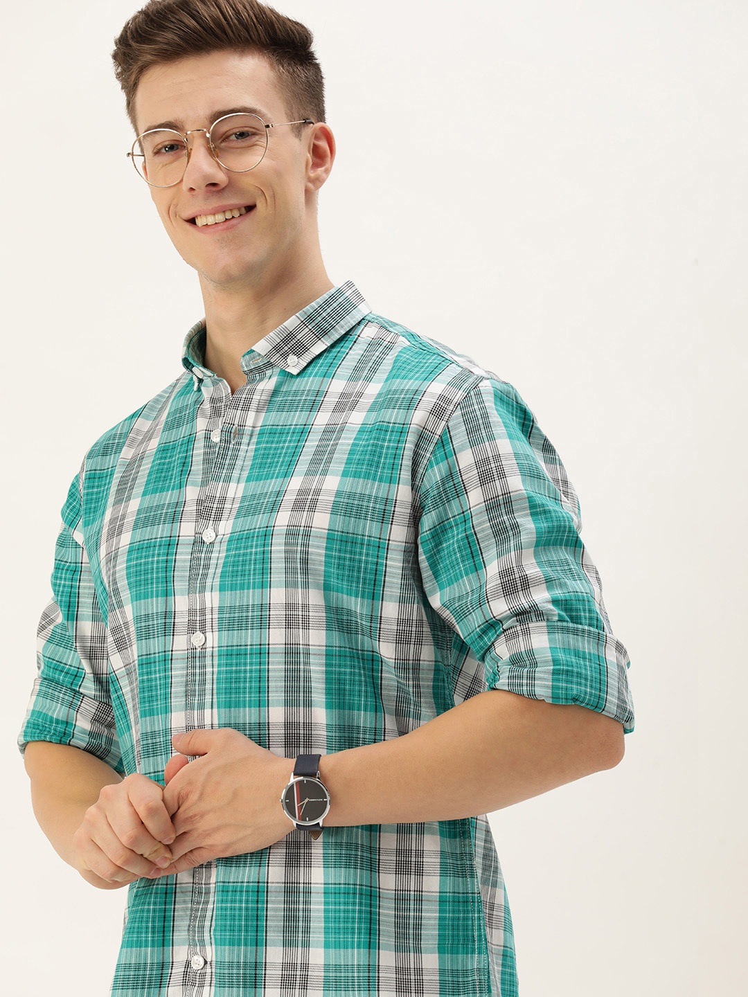 

Mast & Harbour Pure Cotton Full Sleeves Button-Down Collar Checked Casual Shirt, Green