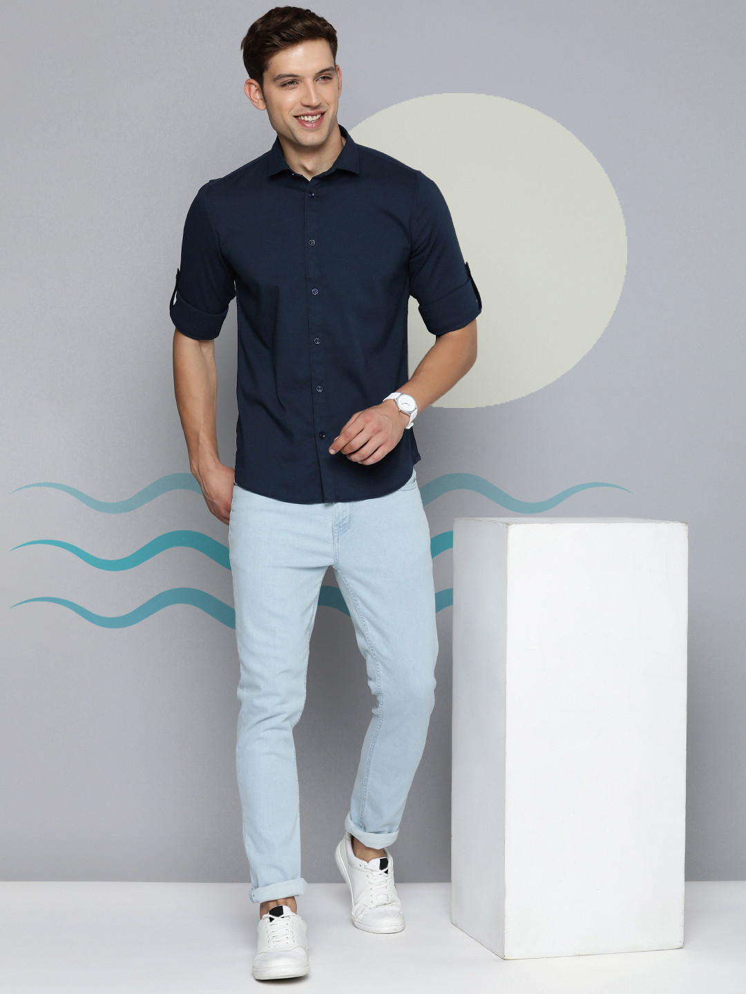 

Mast & Harbour Solid Regular Fit Roll-Up Sleeves Casual Shirt, Navy blue