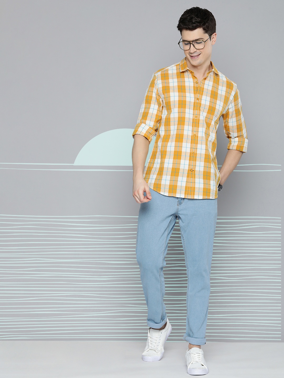

Mast & Harbour Men Pure Cotton Checked Spread Collar Casual Shirt, Off white