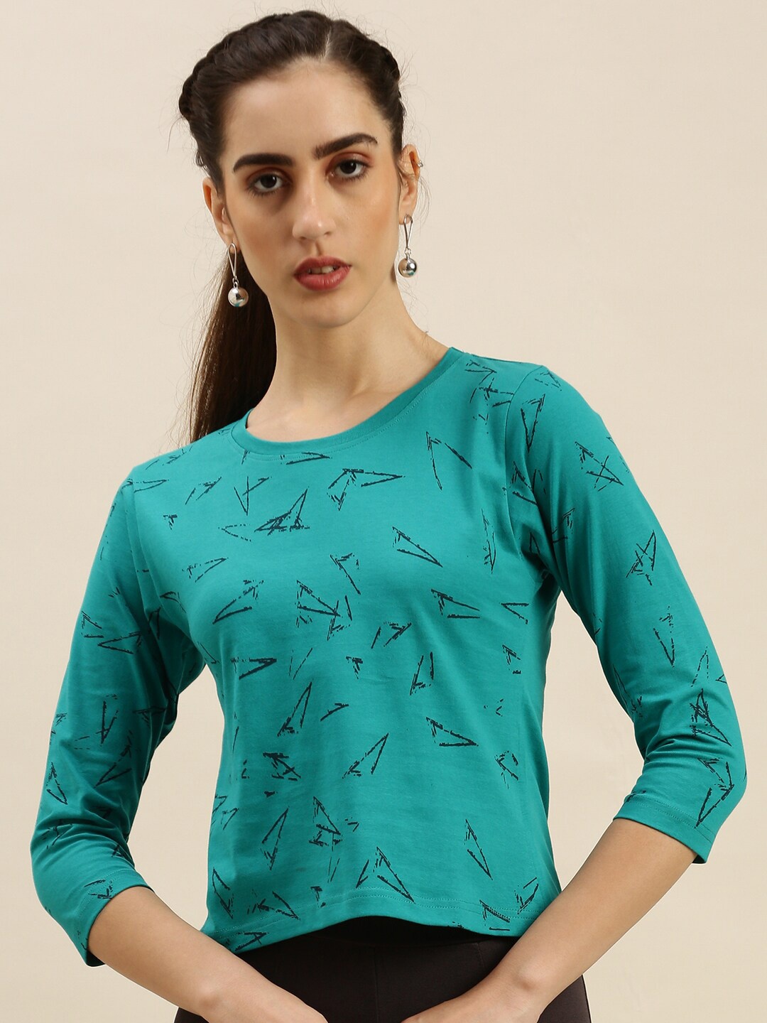 

Kryptic Women Printed Slim Fit Cotton T-shirt, Teal