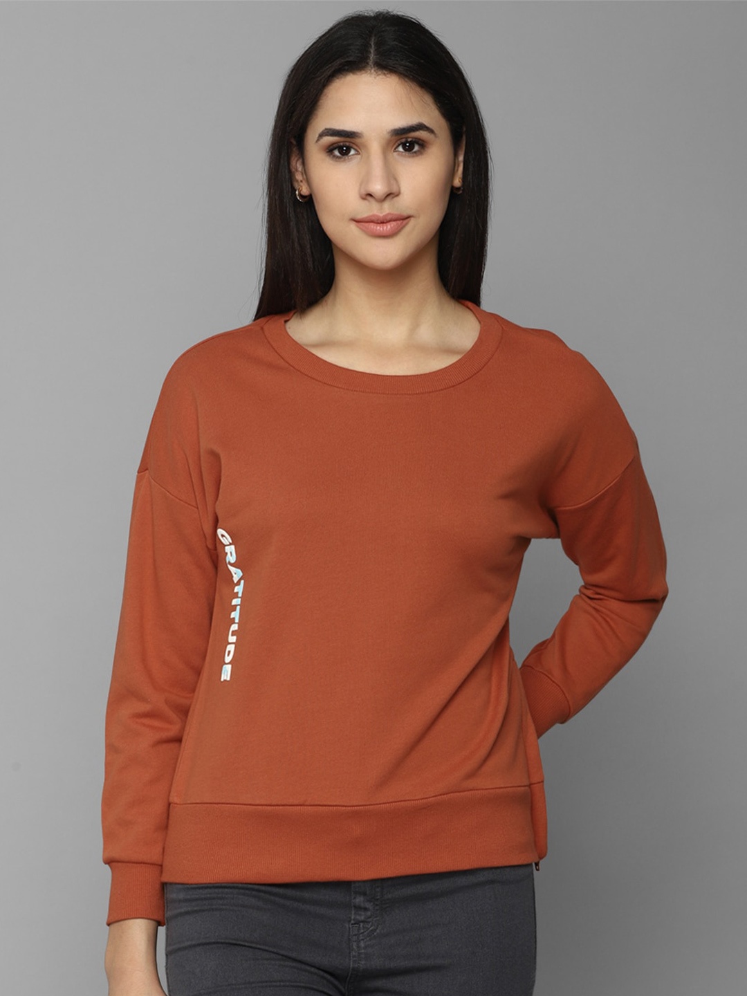 

Allen Solly Woman Drop Shoulder Sleeve Pure Cotton Sweatshirt, Orange