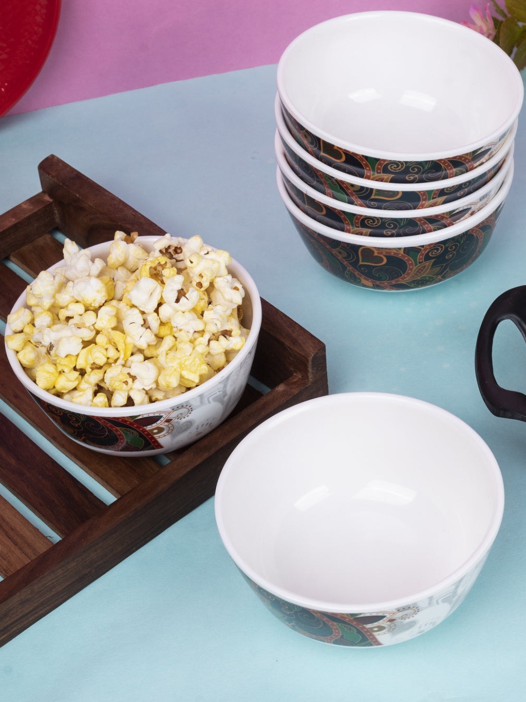 

MARKET99 White & Brown 6 Pieces Printed Melamine Matte Bowls - 250 mL