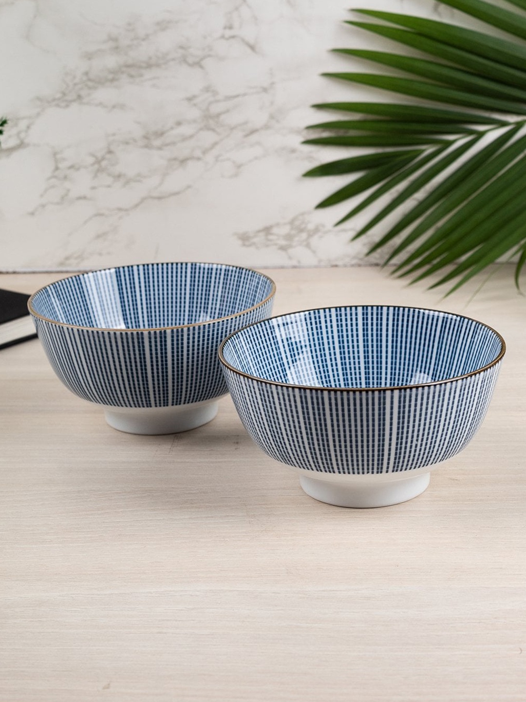 

MARKET99 Blue & White 2 Pieces Printed Ceramic Matte Bowls - 300 mL