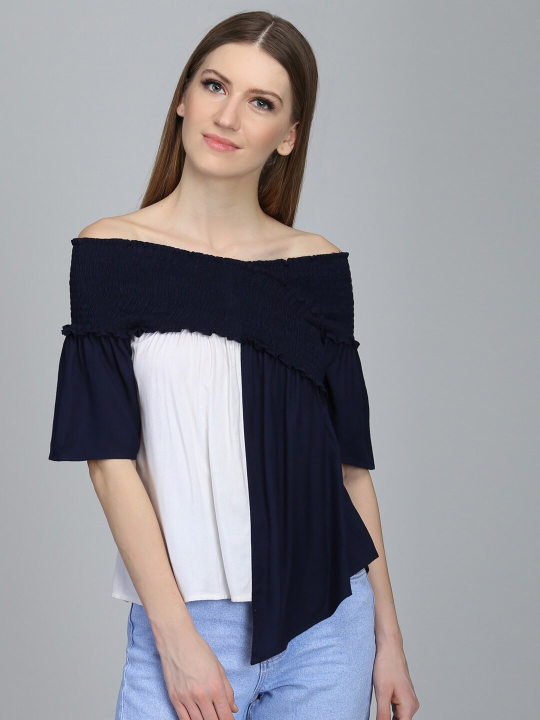 

DODO & MOA Colourblocked Off-Shoulder Top, Navy blue