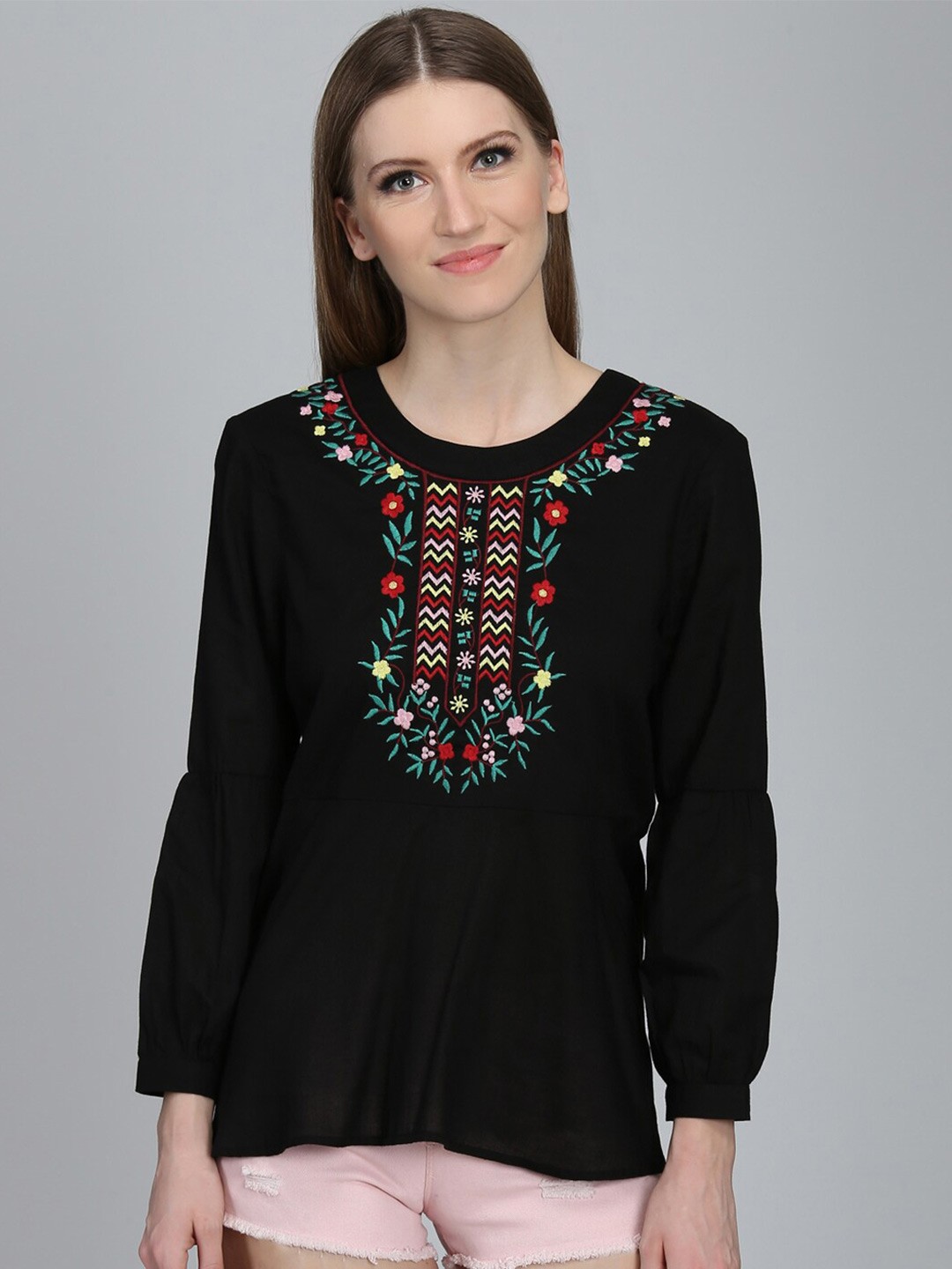 

DODO & MOA Floral Embroidered Peplum Top, Black
