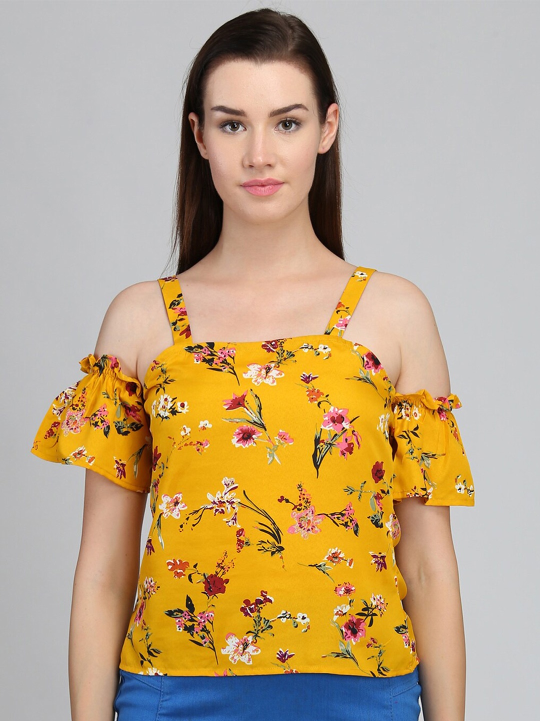 DODO & MOA Floral Print Georgette Top, Mustard
