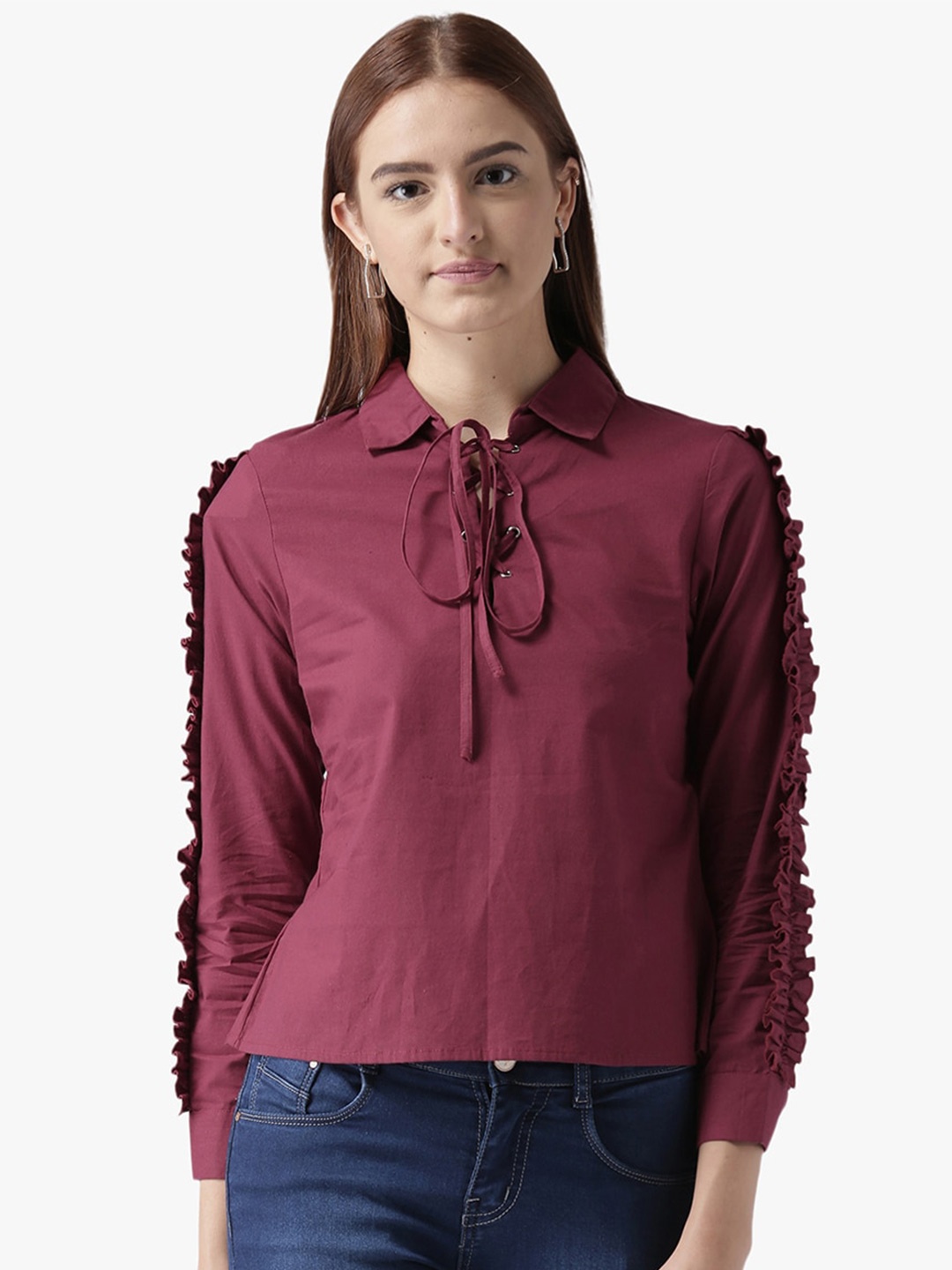 

DODO & MOA Pure Cotton Tie-Up Neck Top, Maroon
