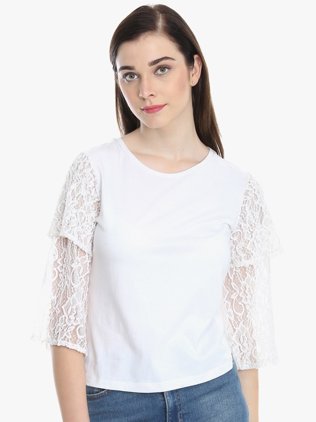 

DODO & MOA Round Neck Lace Top, White
