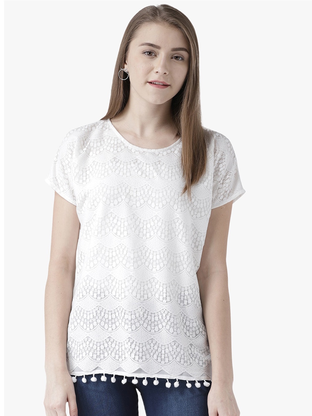 

DODO & MOA Round Neck Self Design Chiffon Top, White