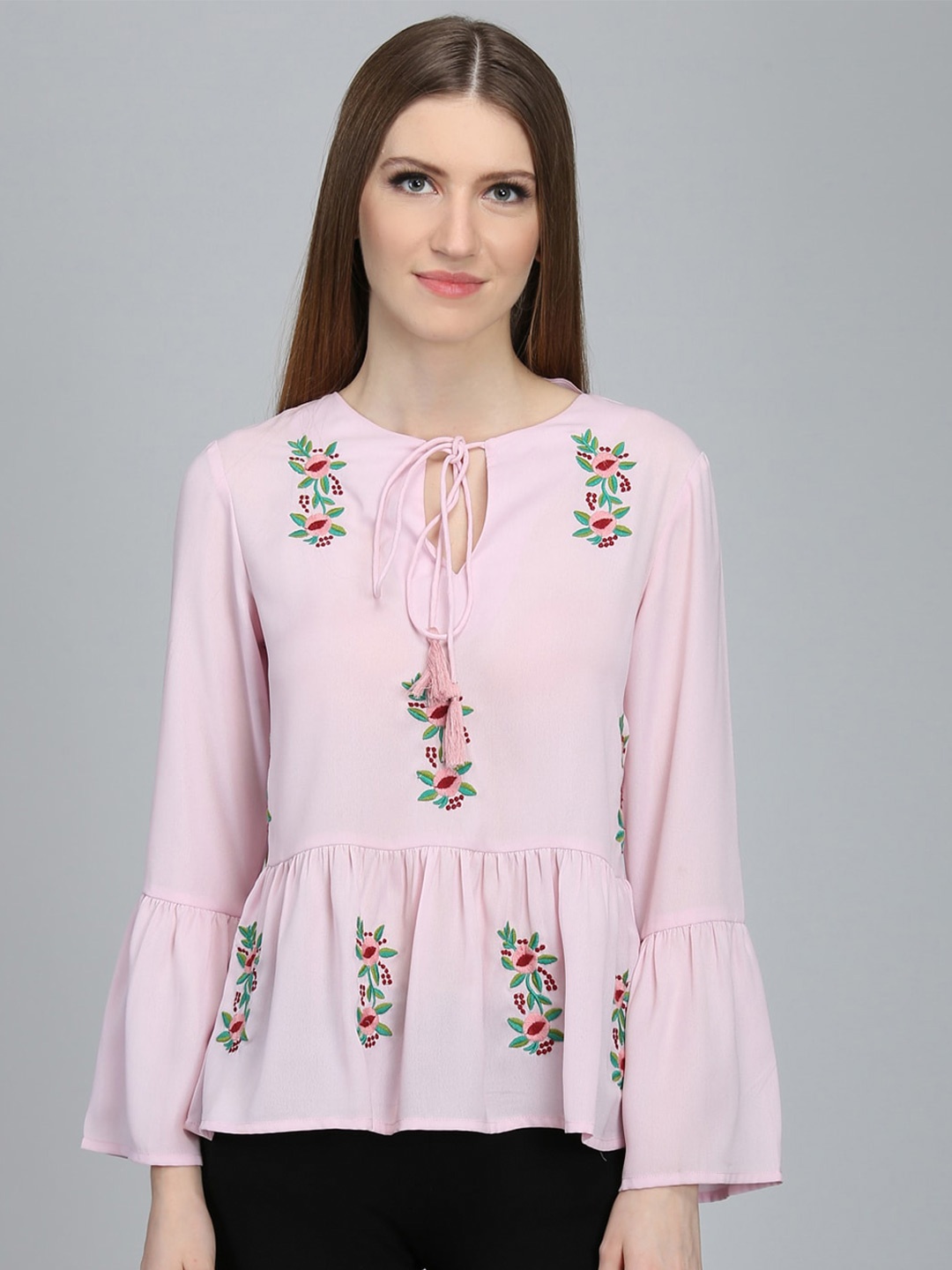 

DODO & MOA Floral Embroidered Tie-Up Neck Georgette Peplum Top, Pink