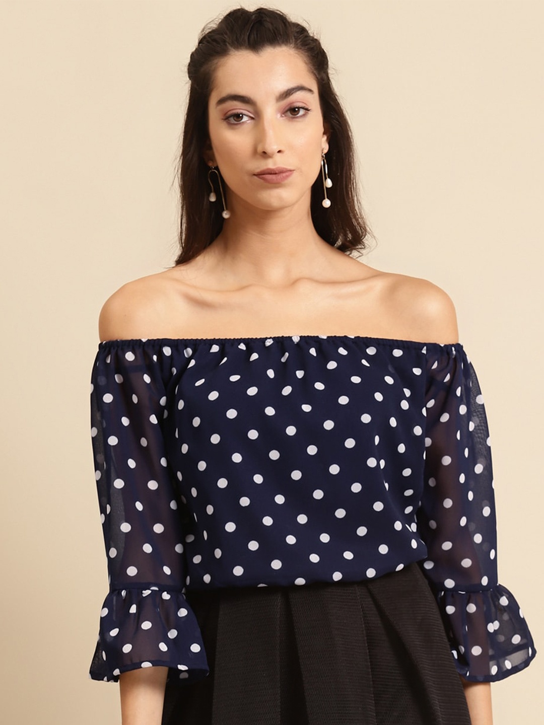 

DODO & MOA Print Off-Shoulder Georgette Bardot Crop Top, Navy blue