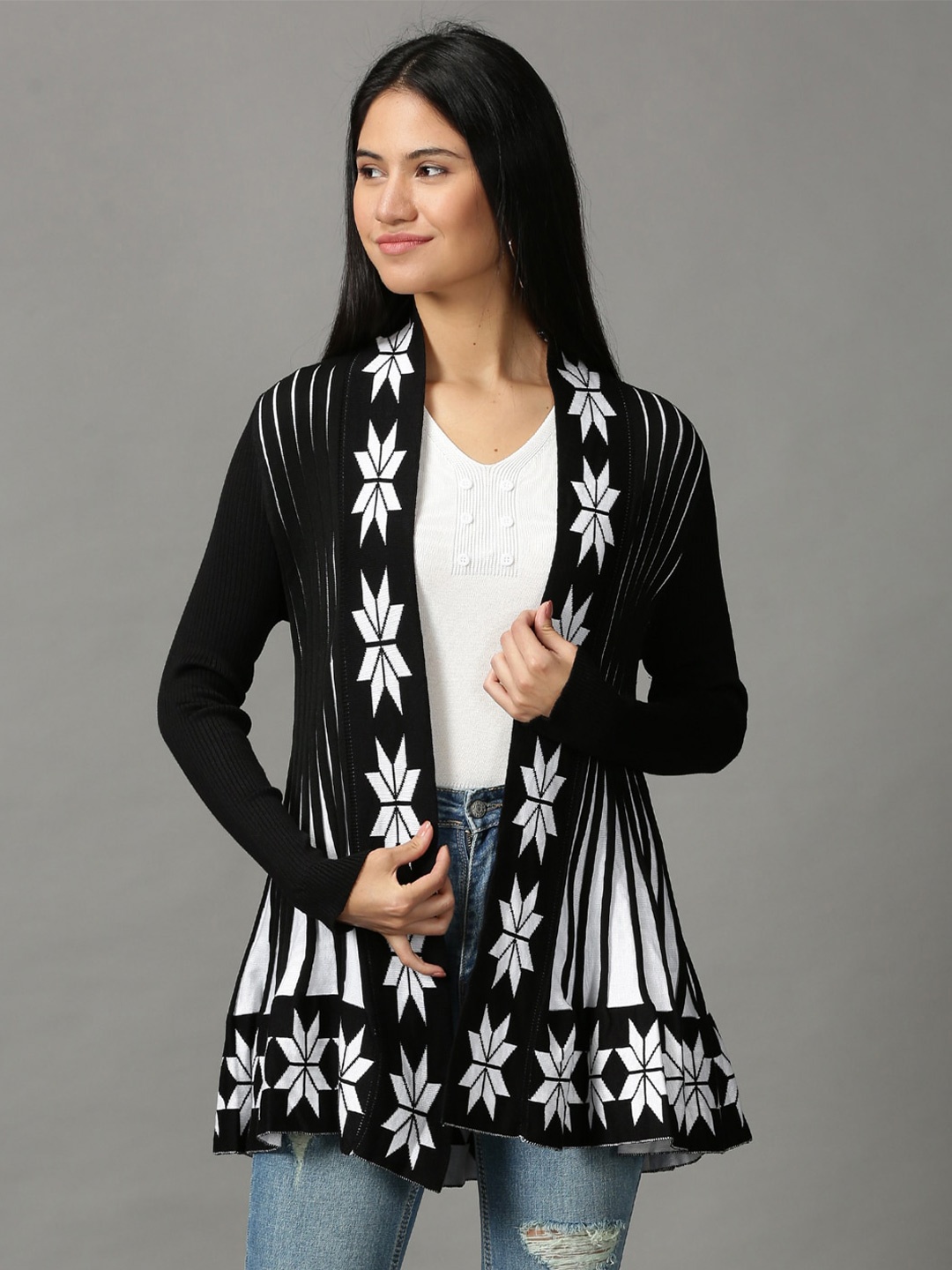 

SHOWOFF Women Printed Acrylic Longline Shrug, Black