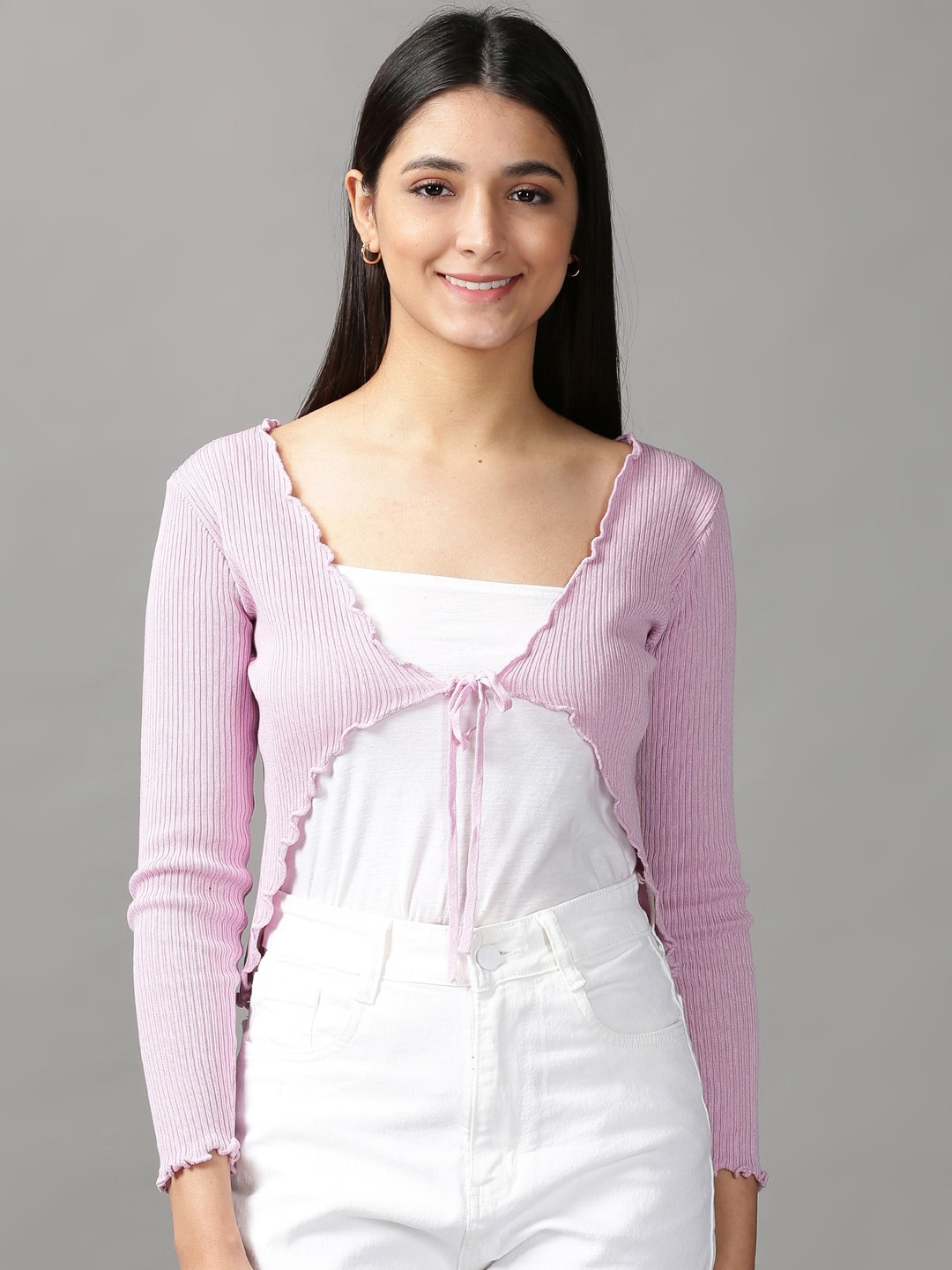 

SHOWOFF Women Acrylic Crop Tie-Up Shrug, Lavender