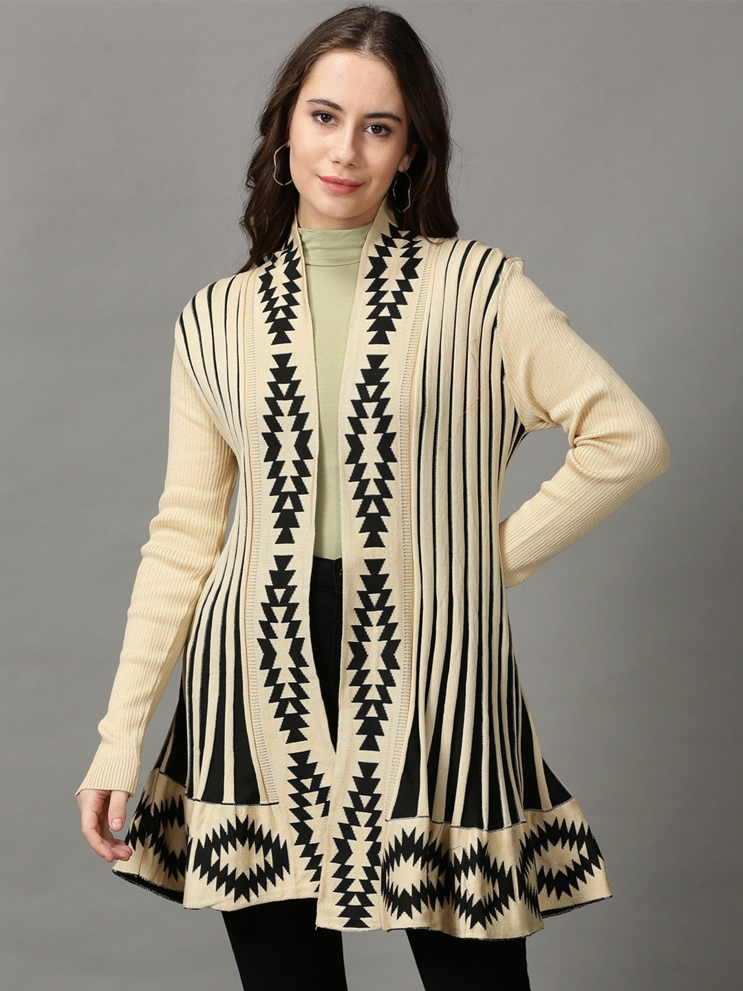 

SHOWOFF Women Printed Acrylic Longline Shrug, Beige