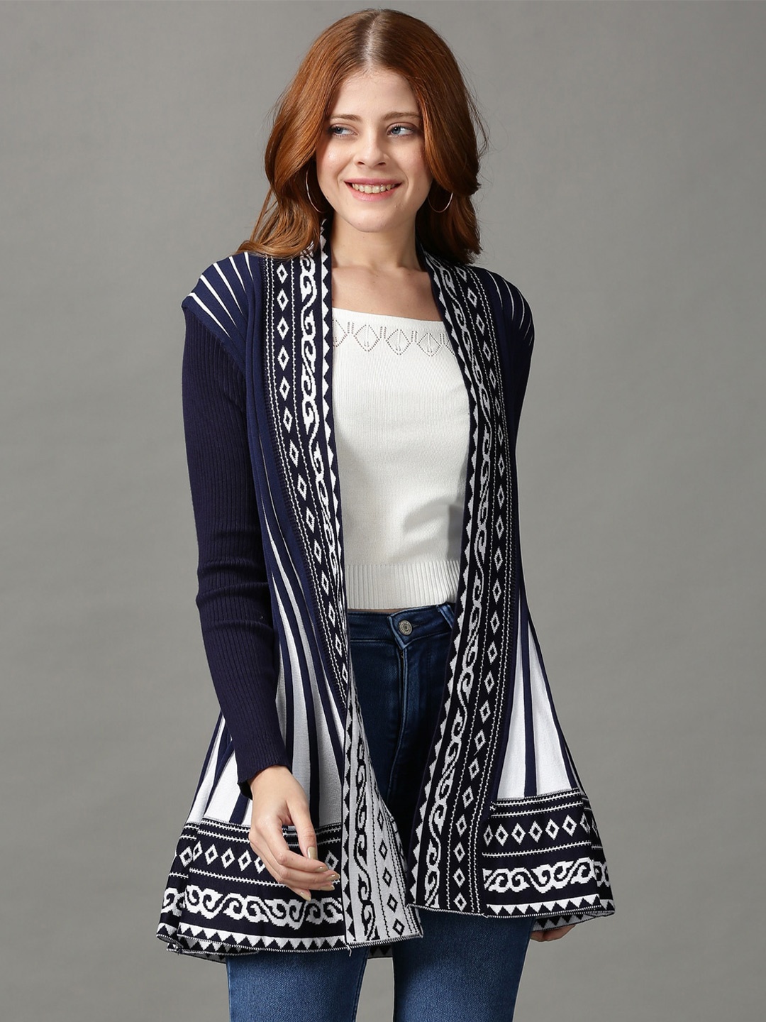 

SHOWOFF Women Printed Acrylic Shrug, Navy blue