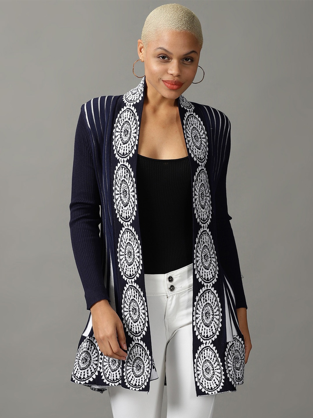 

SHOWOFF Women Printed Acrylic Longline Shrug, Navy blue
